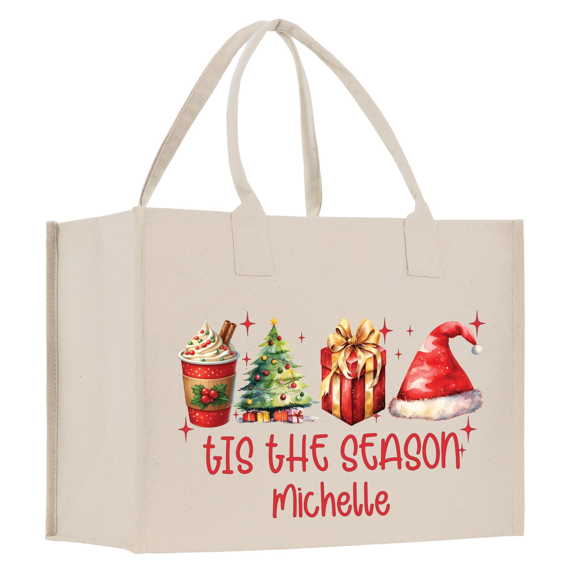 a white shopping bag with a christmas design on it