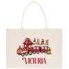 a white shopping bag with a train on it