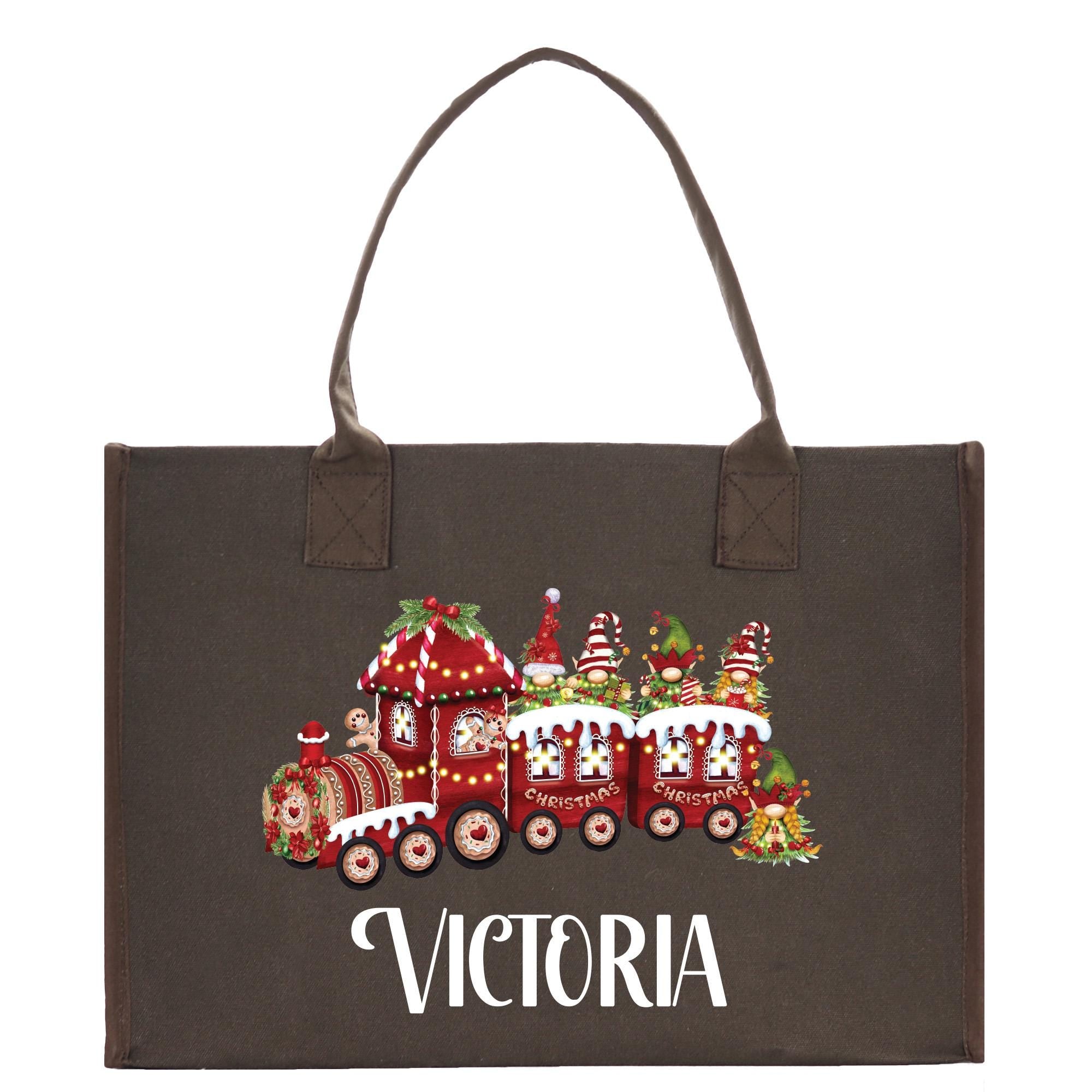 a brown bag with a santa clause train on it