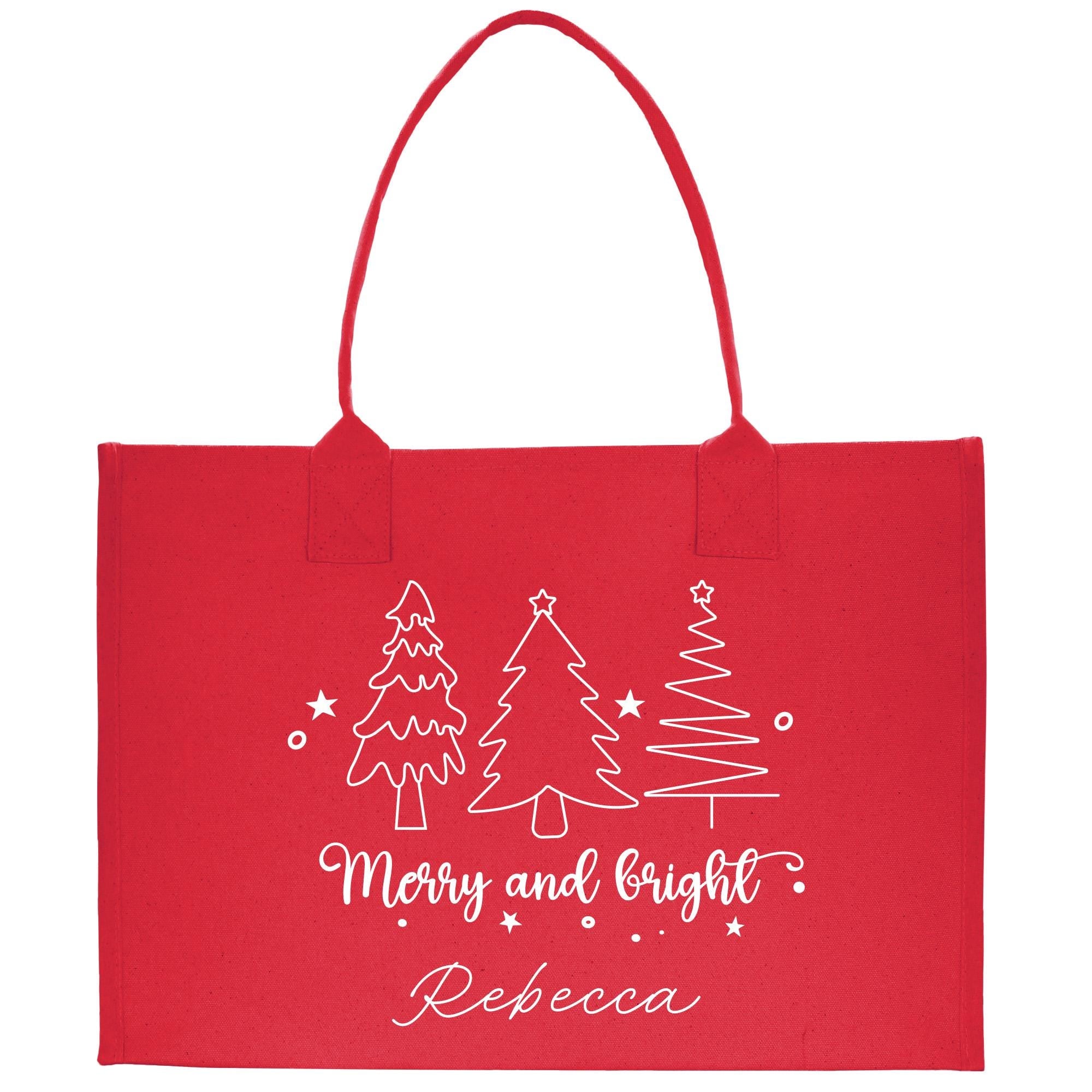 a red shopping bag with christmas trees on it