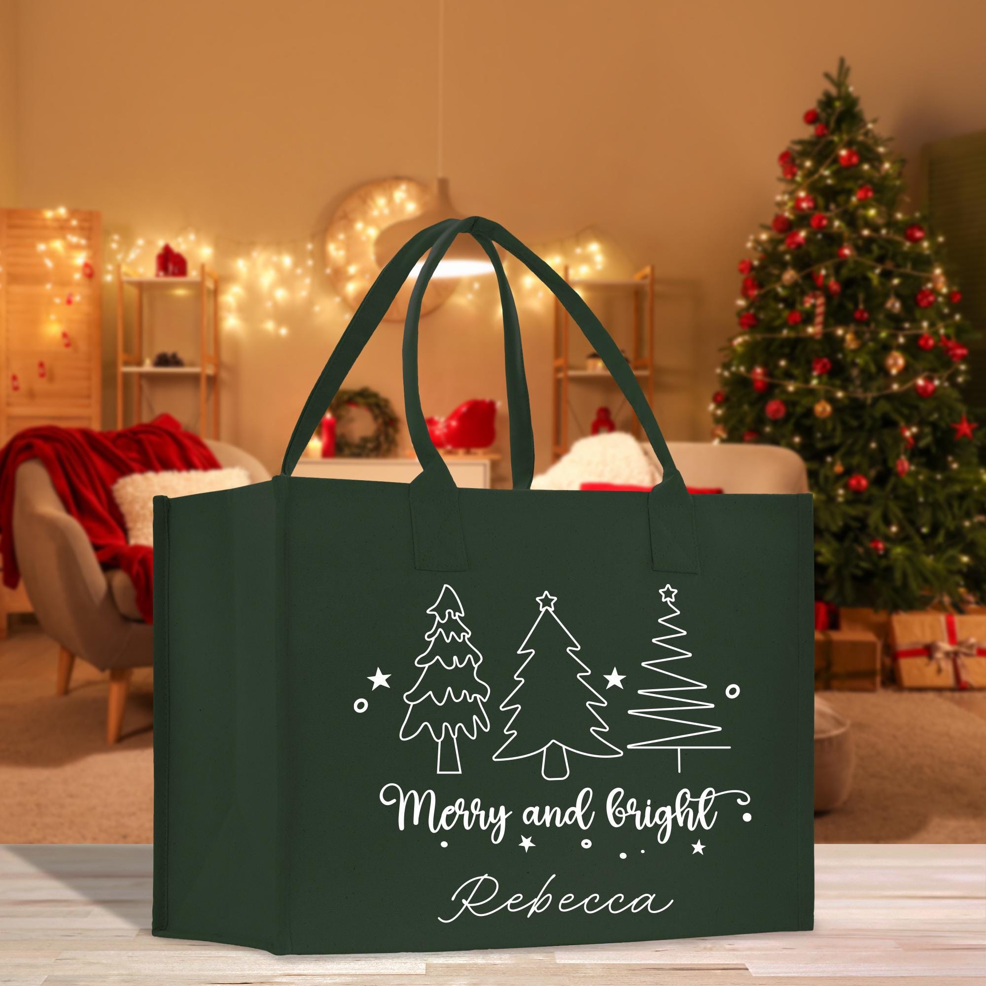 a green shopping bag with a christmas tree on it