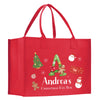 a red shopping bag with a christmas design on it