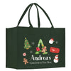 a green christmas shopping bag with gingers and a christmas tree