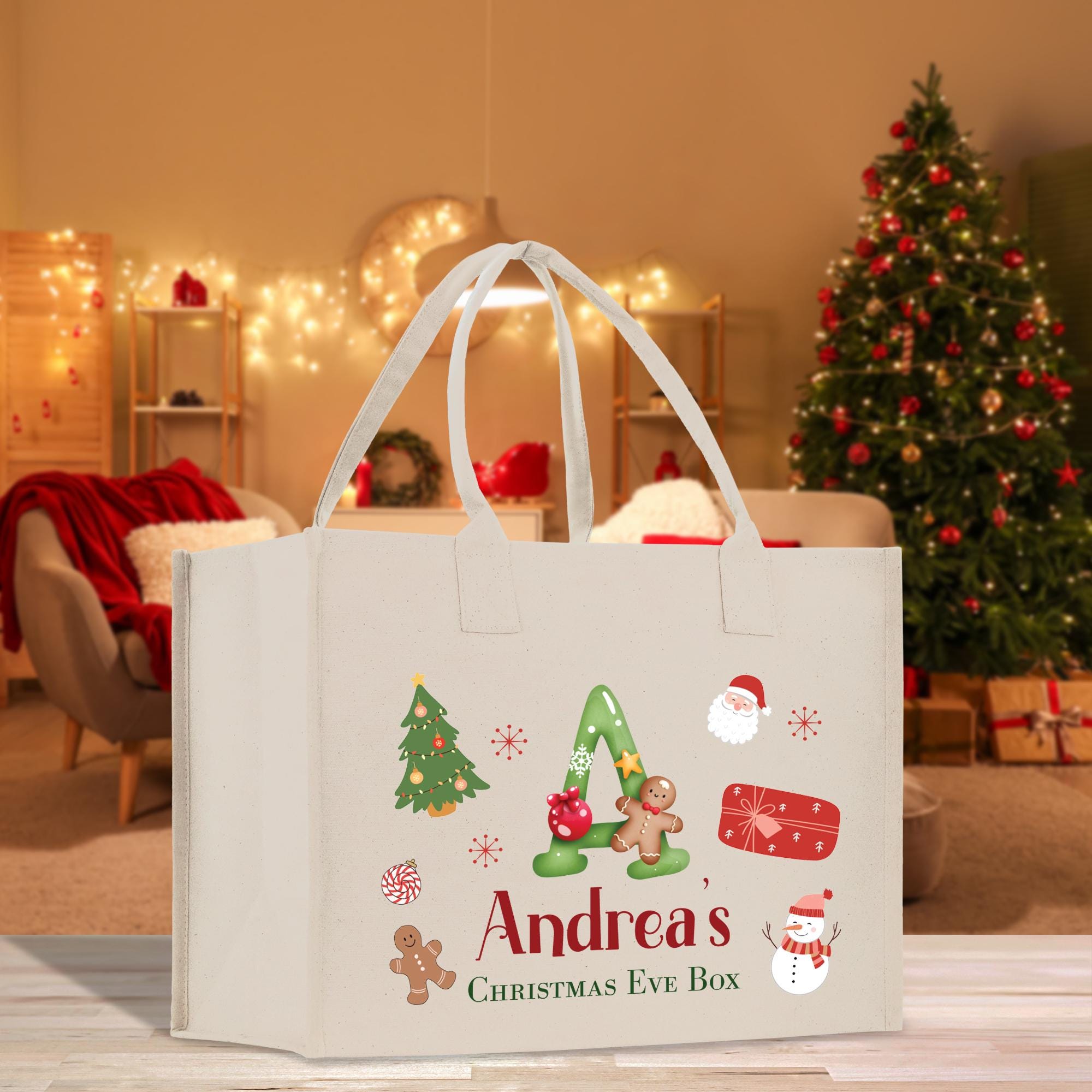 a white christmas shopping bag sitting on top of a table