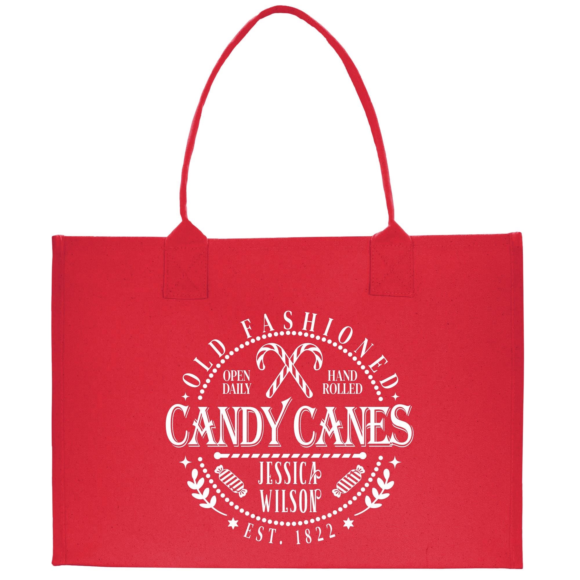 a red bag with candy canes on it