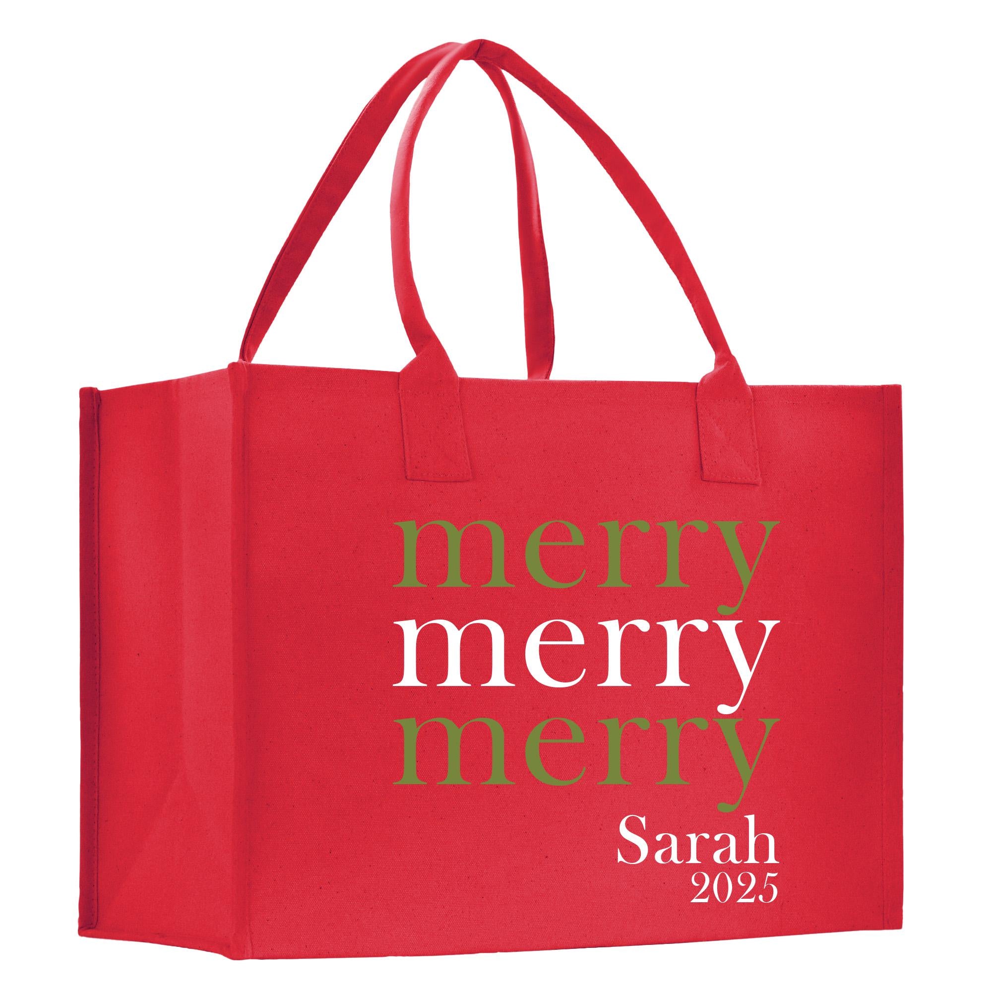 a red shopping bag with a merry message on it