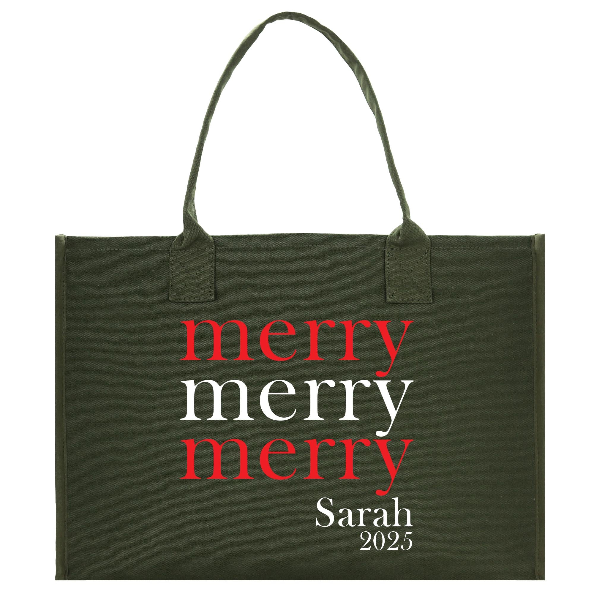 a green shopping bag with a merry merry message