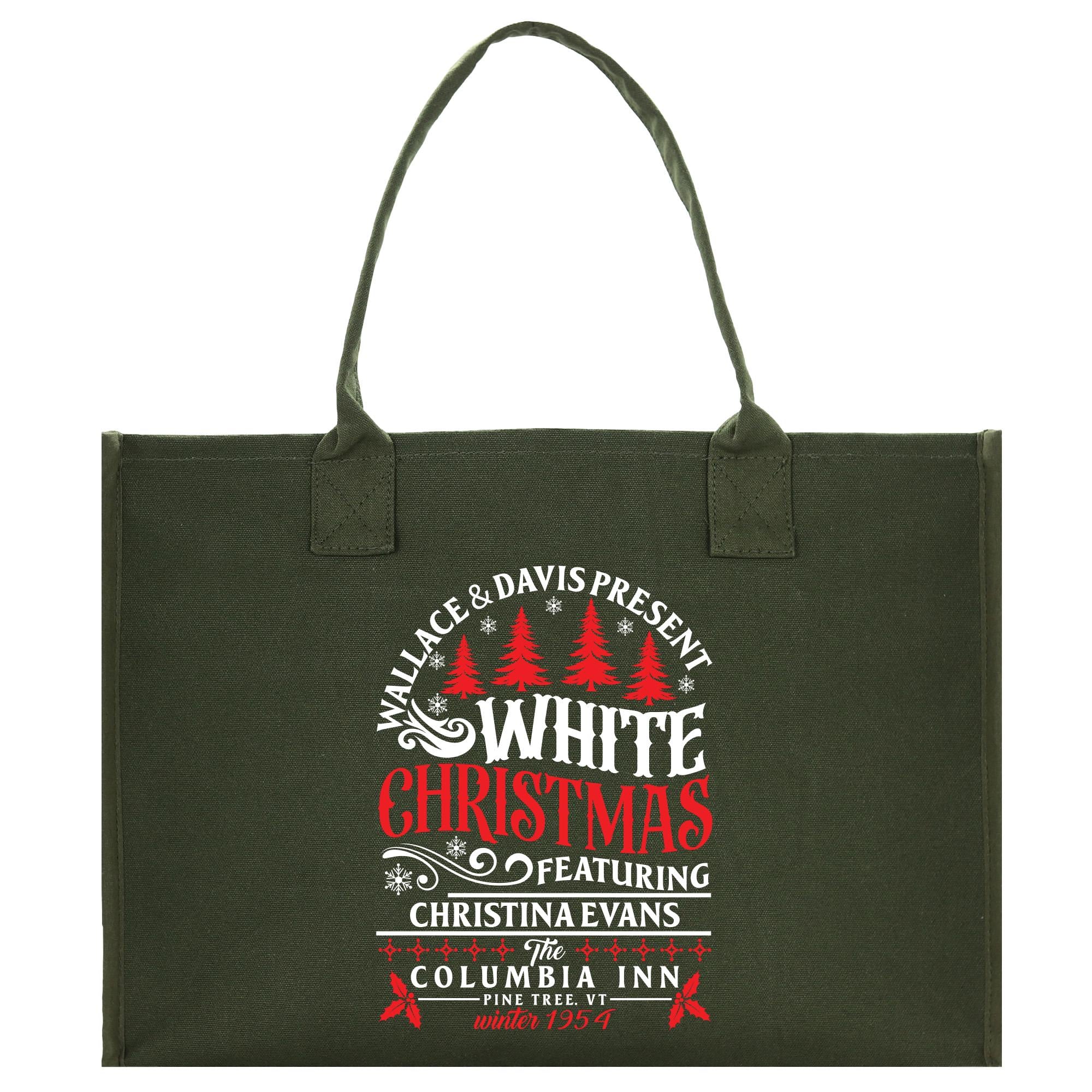 a green shopping bag with a white christmas message