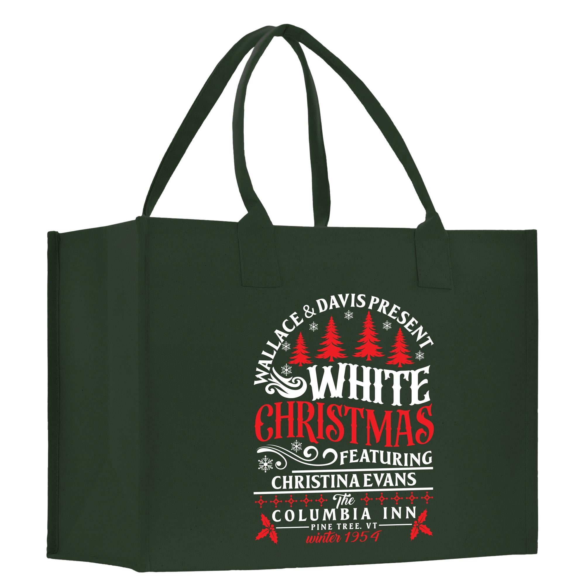 a green shopping bag with a white christmas message