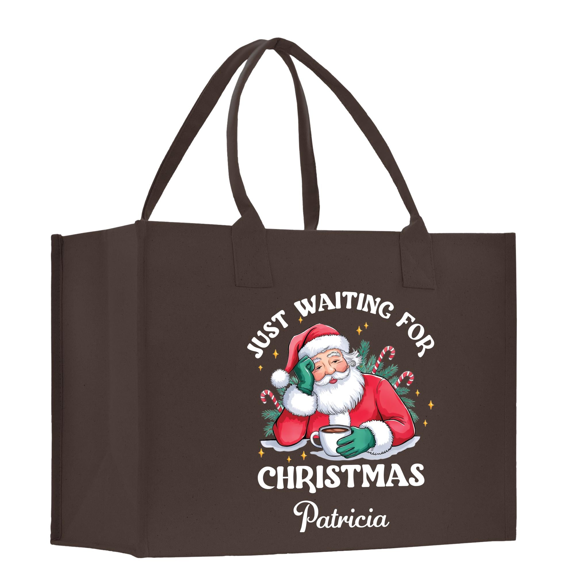 a brown shopping bag with a santa clause on it