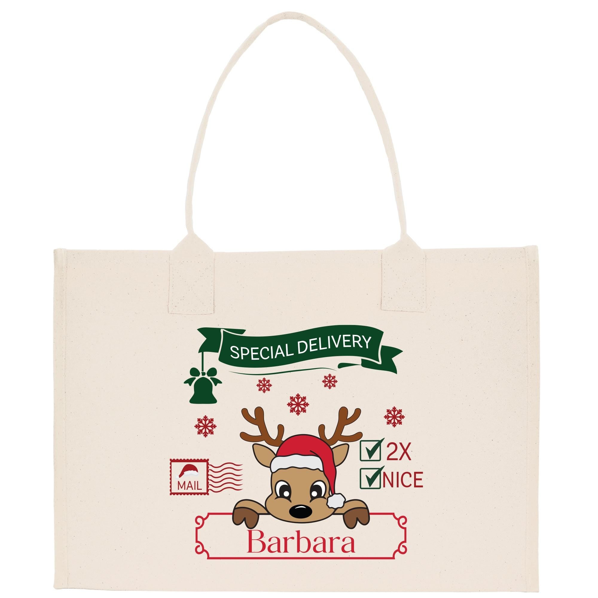 a white shopping bag with a reindeer on it