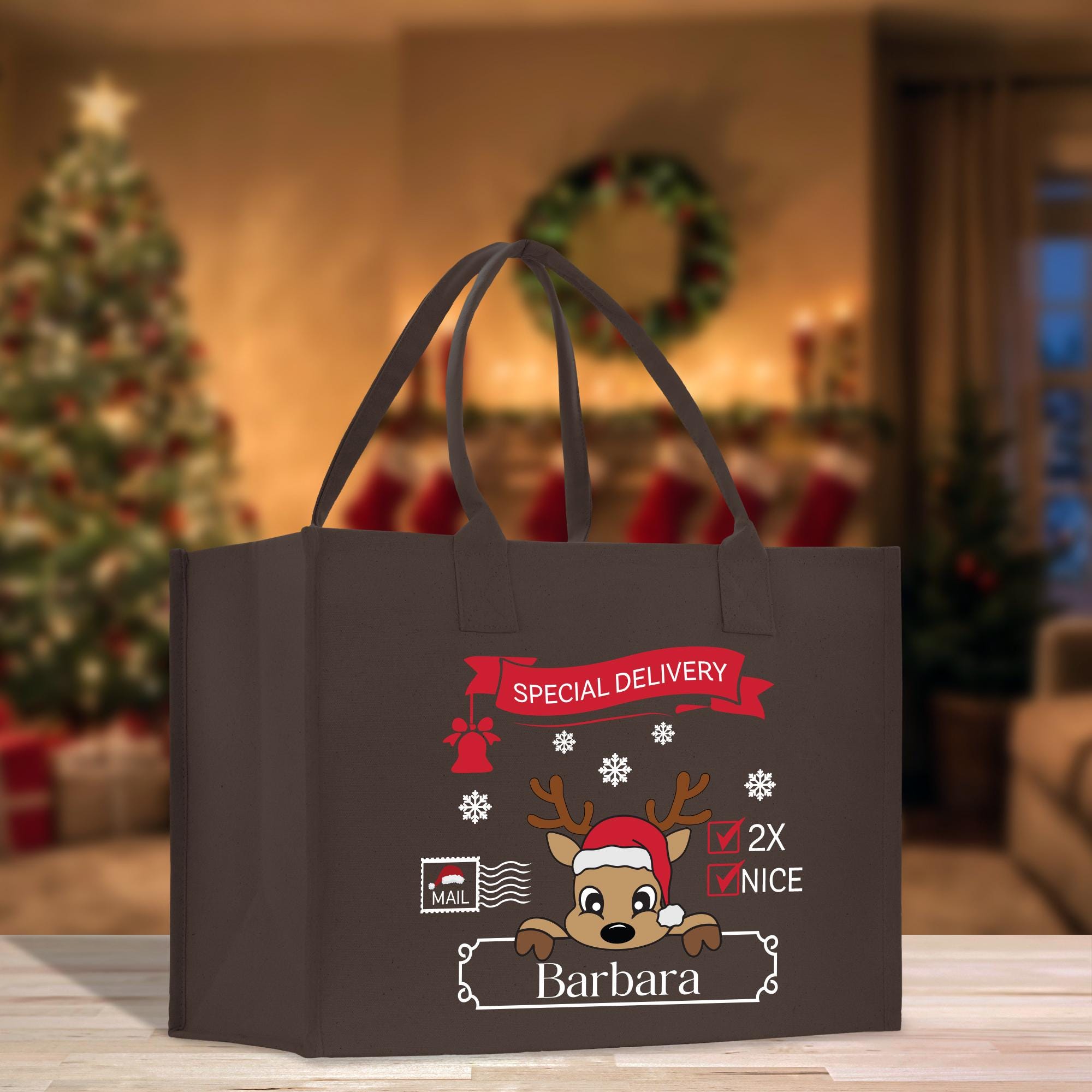 a brown shopping bag with a reindeer on it