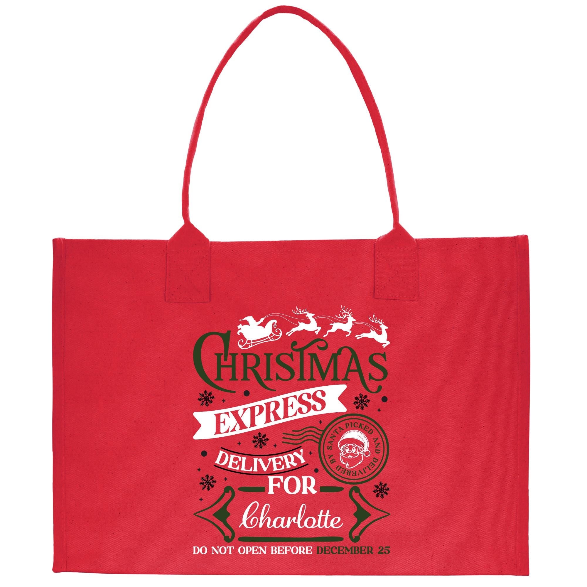 a red shopping bag with a christmas message