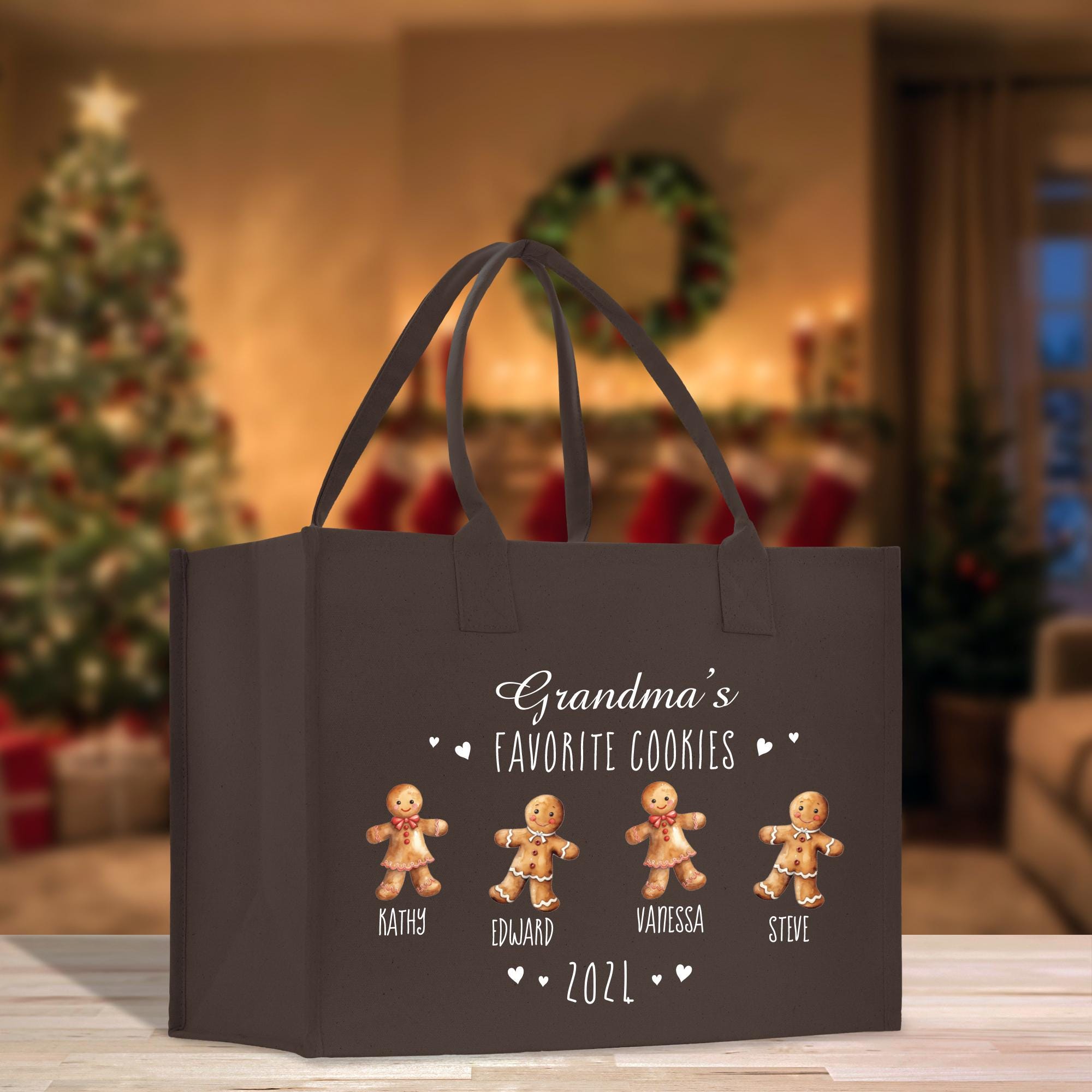 a brown bag with three gingerbreads on it