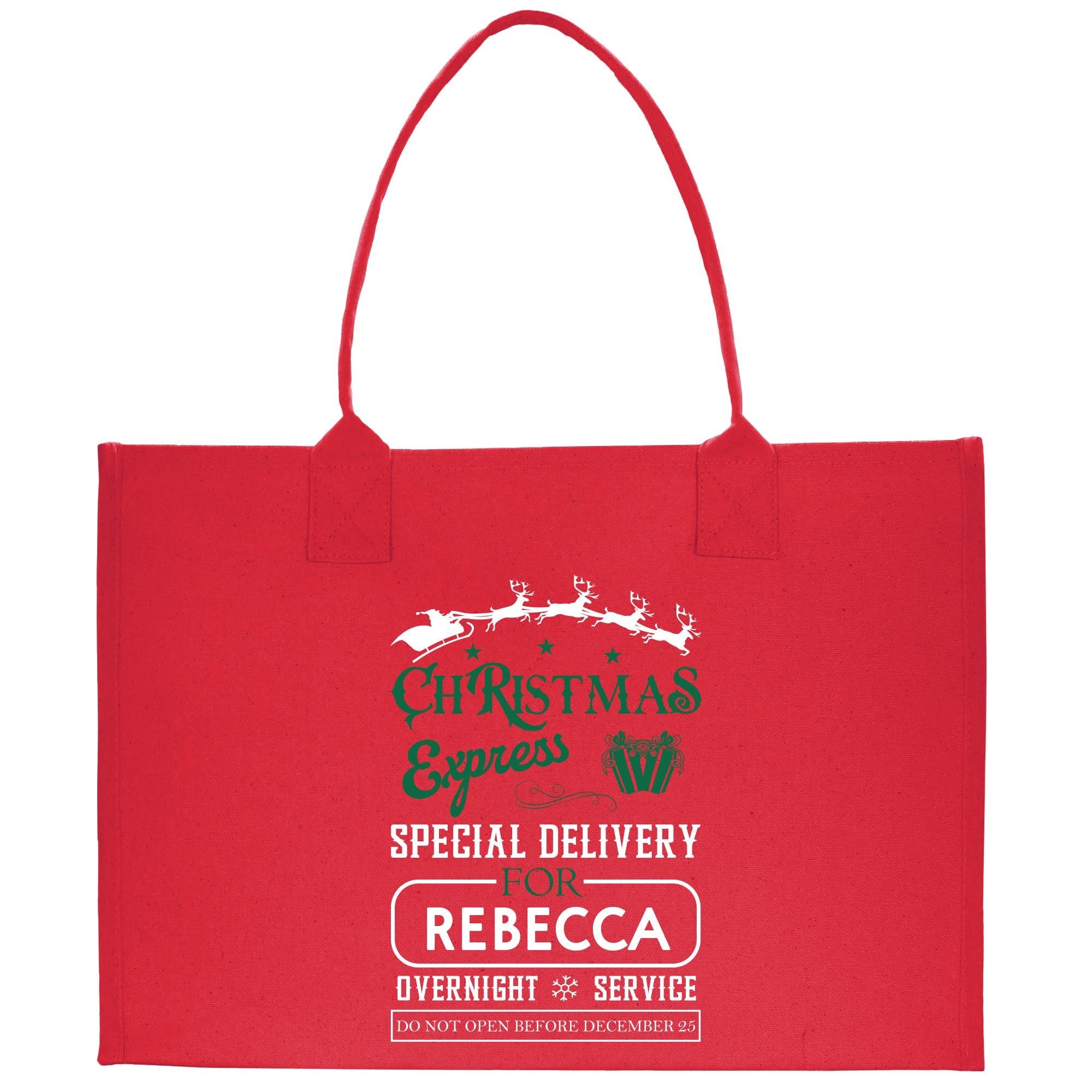 a red shopping bag with a christmas message