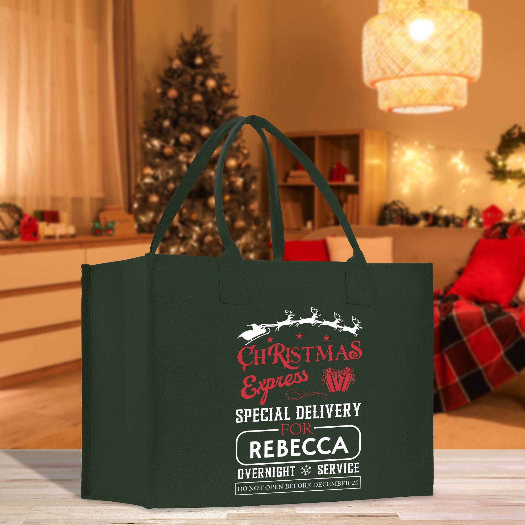 a christmas shopping bag sitting on a table