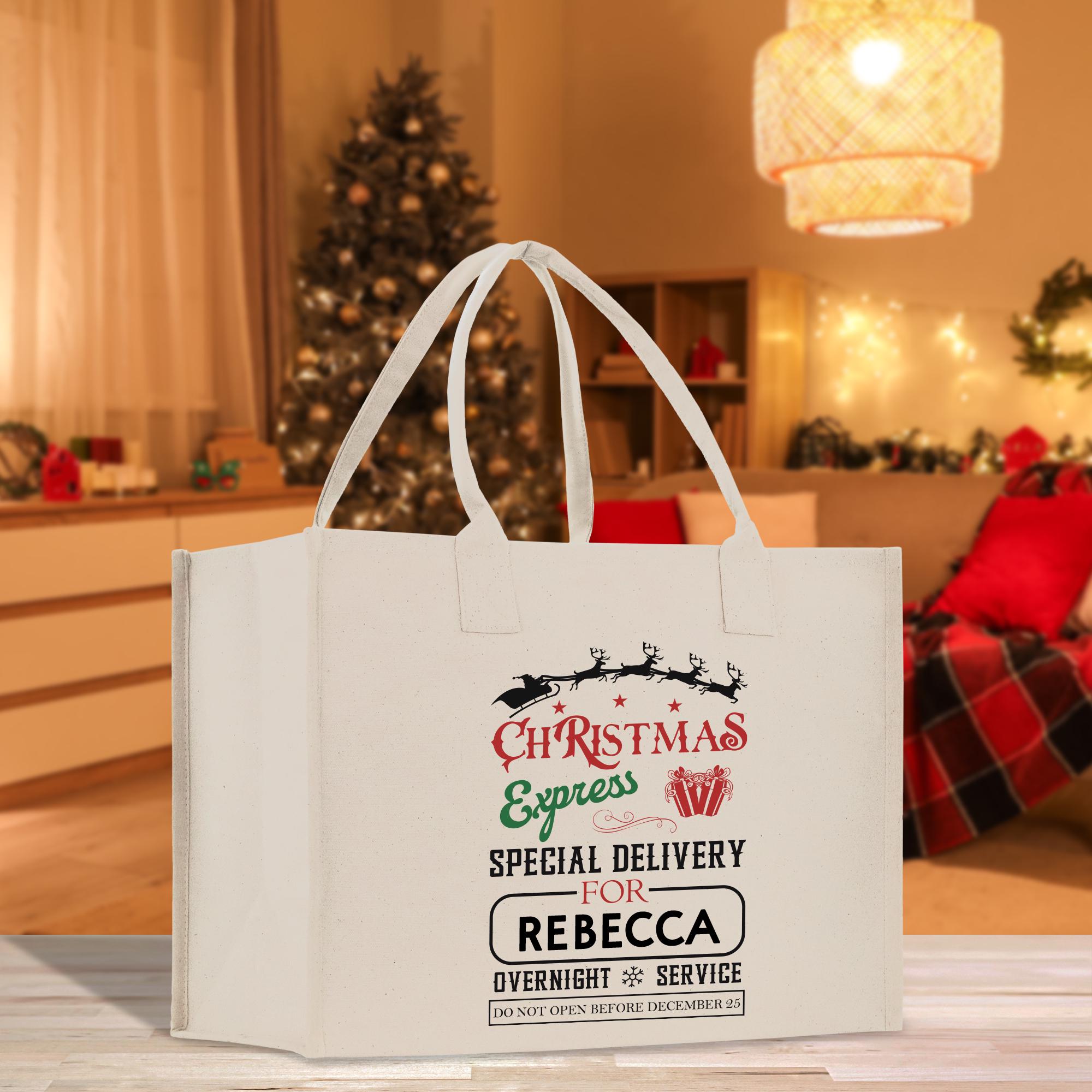 a white shopping bag sitting on top of a table