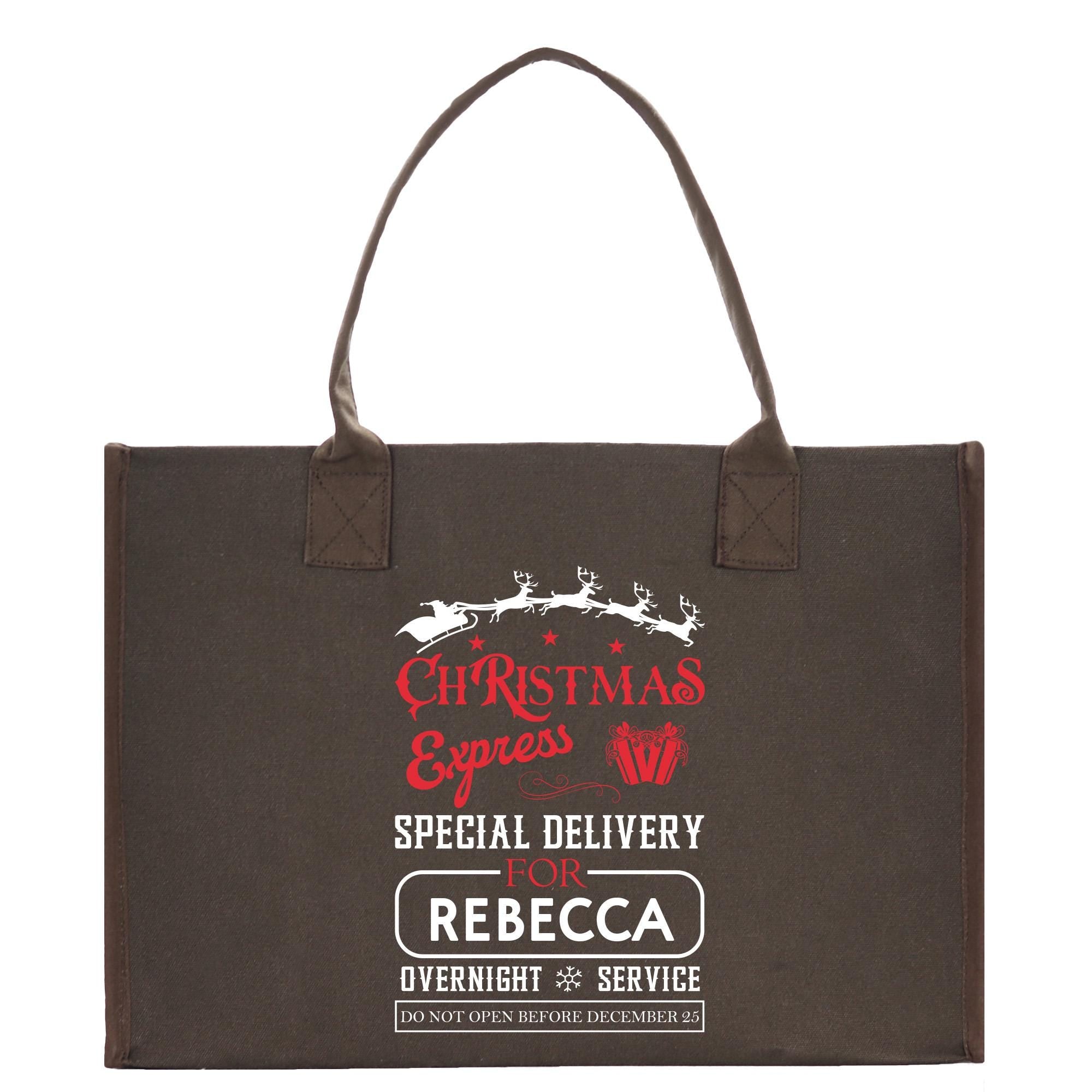 a brown christmas shopping bag with santa&#39;s sleigh on it