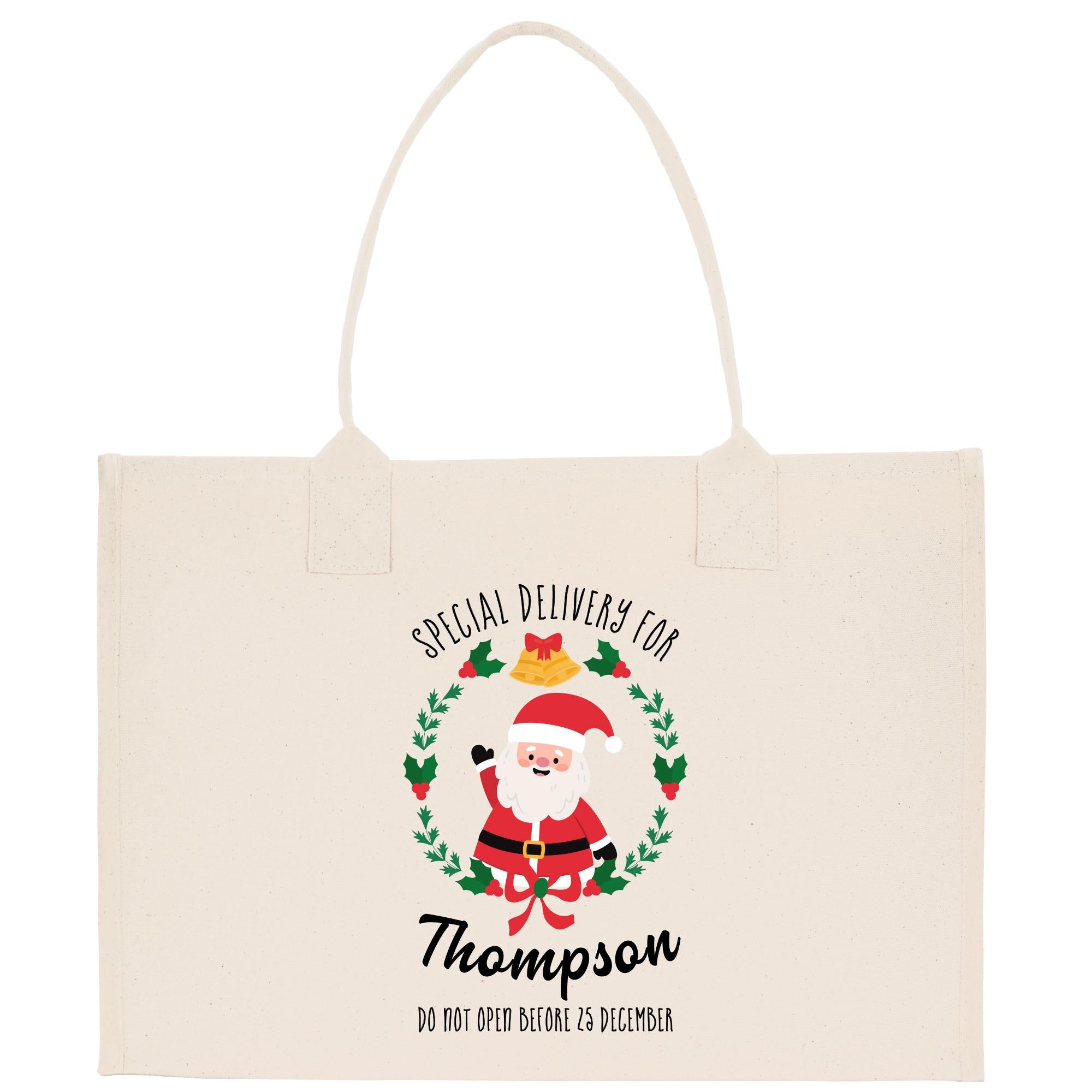 a white shopping bag with a santa clause on it