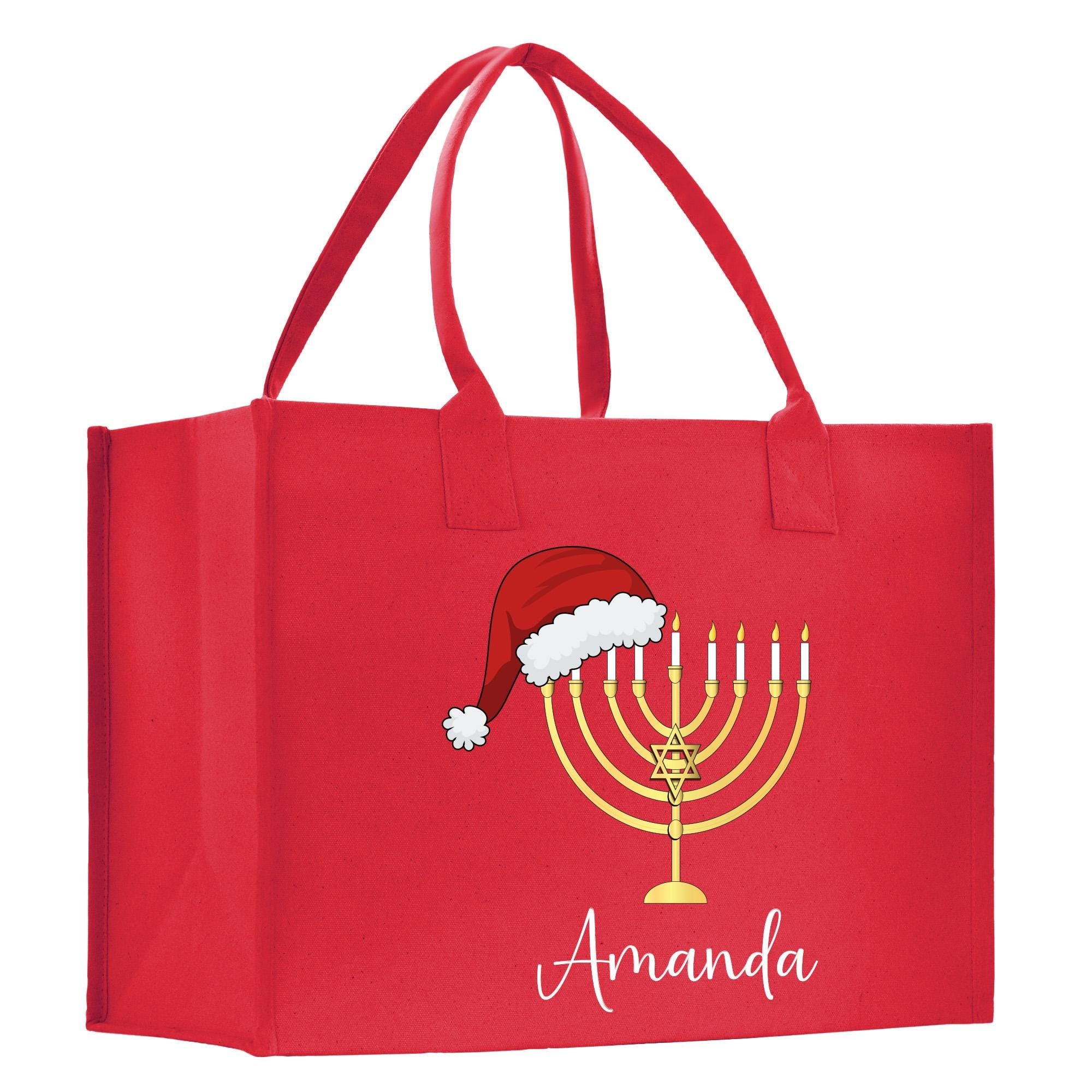 a red shopping bag with a menorah on it