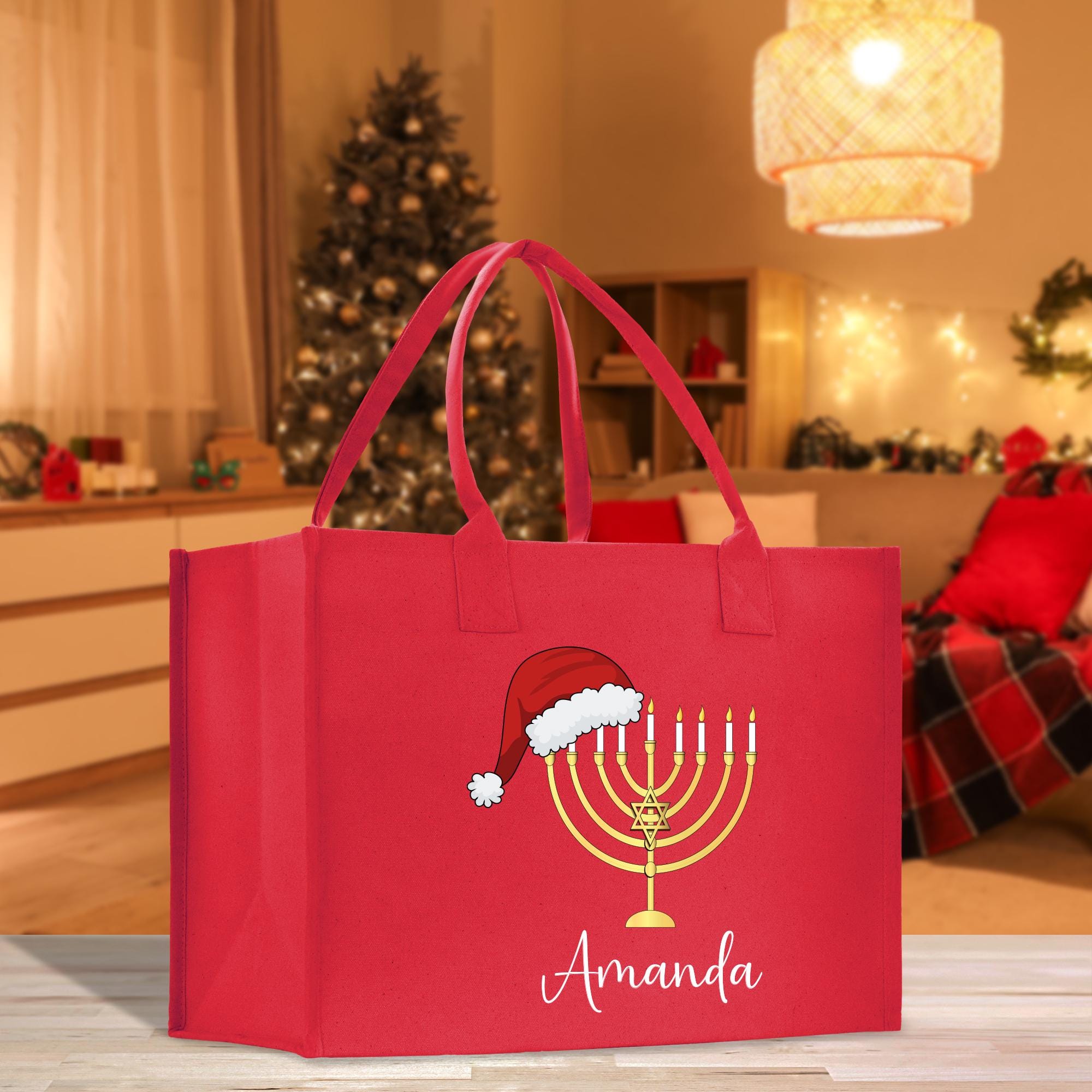 a red shopping bag with a menorah on it