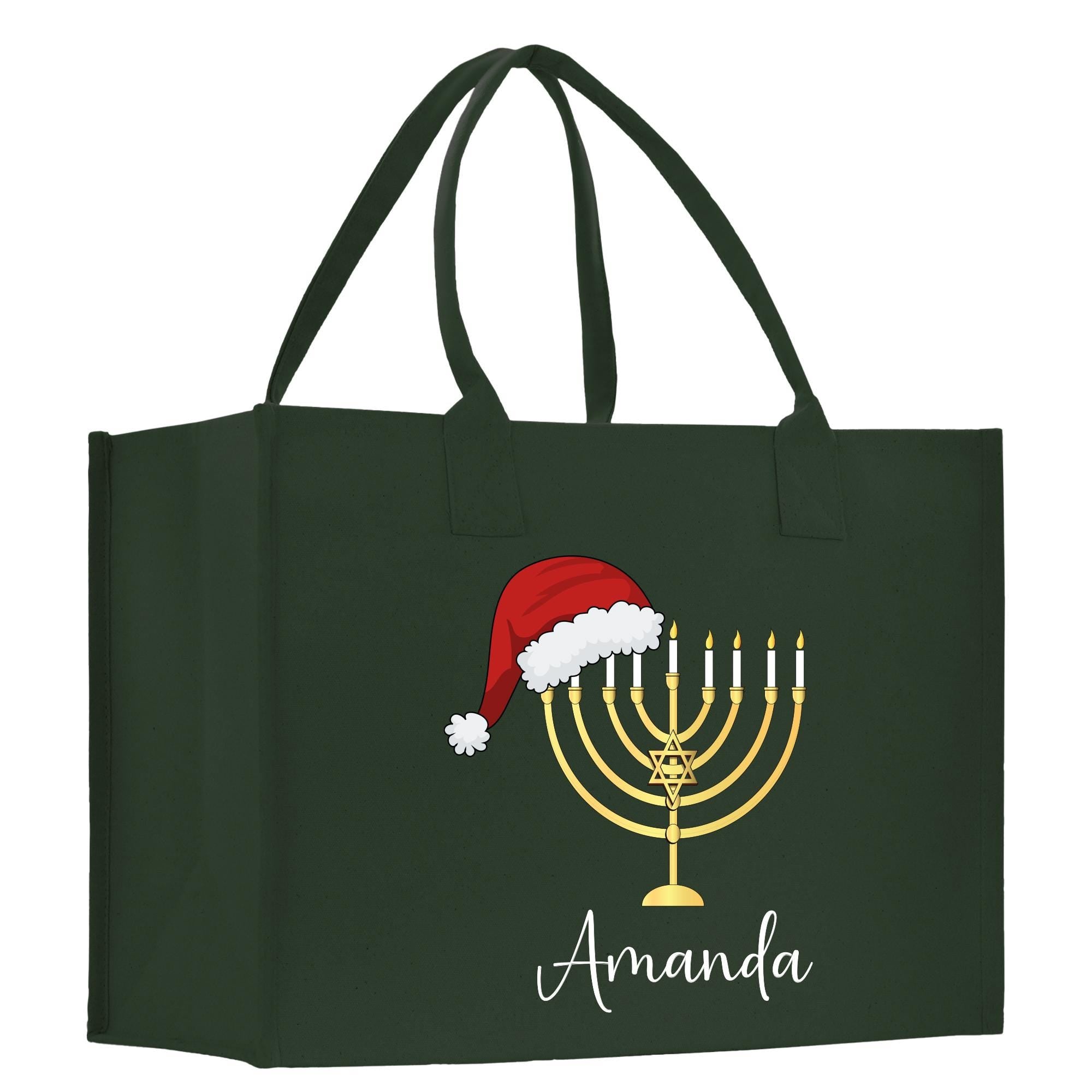 a green bag with a menorah and a santa hat on it