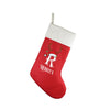 a red and white christmas stocking with a reindeer on it