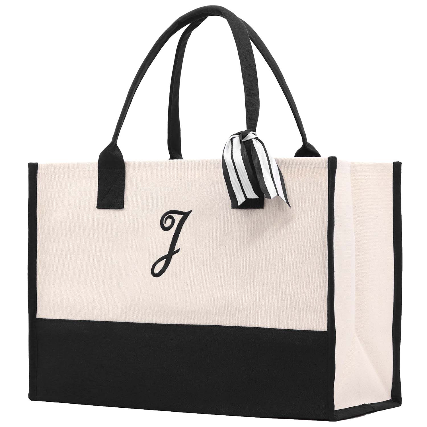 Monogram Tote Bag with 100% Cotton Canvas and a Chic Personalized Monogram (Black - Script Font)