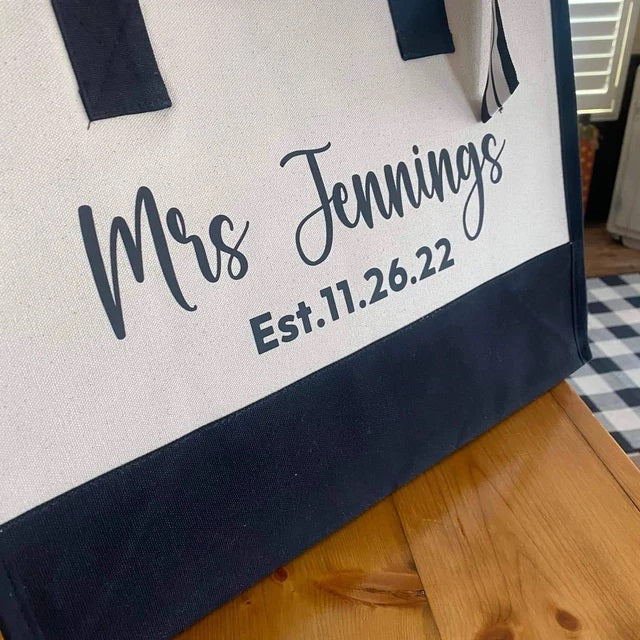Mrs. Last Name Est Year Tote Bag Personalized Date Wedding 
