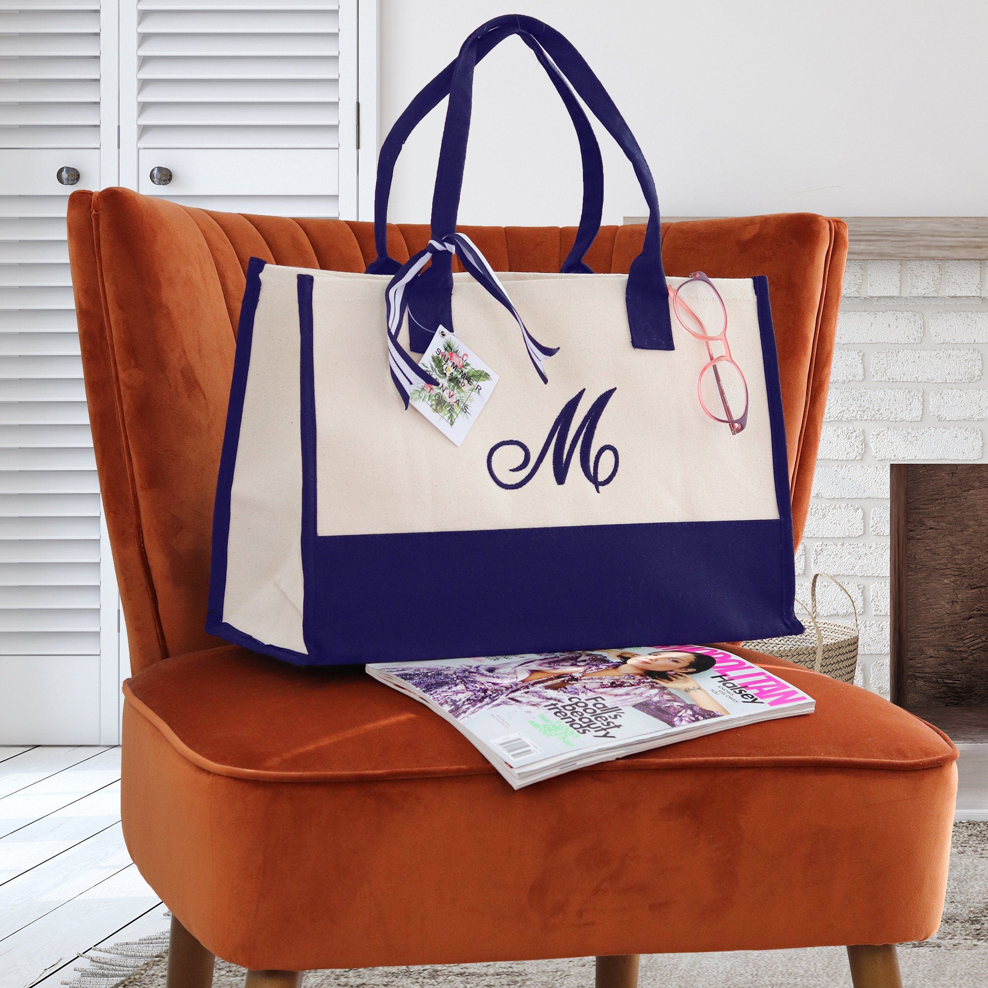 Tote bag aesthetic Embroidery Initial Monogram Large Tote Bag , 100% Cotton Canvas, Bridesmaid Bachelorette Gift Navy