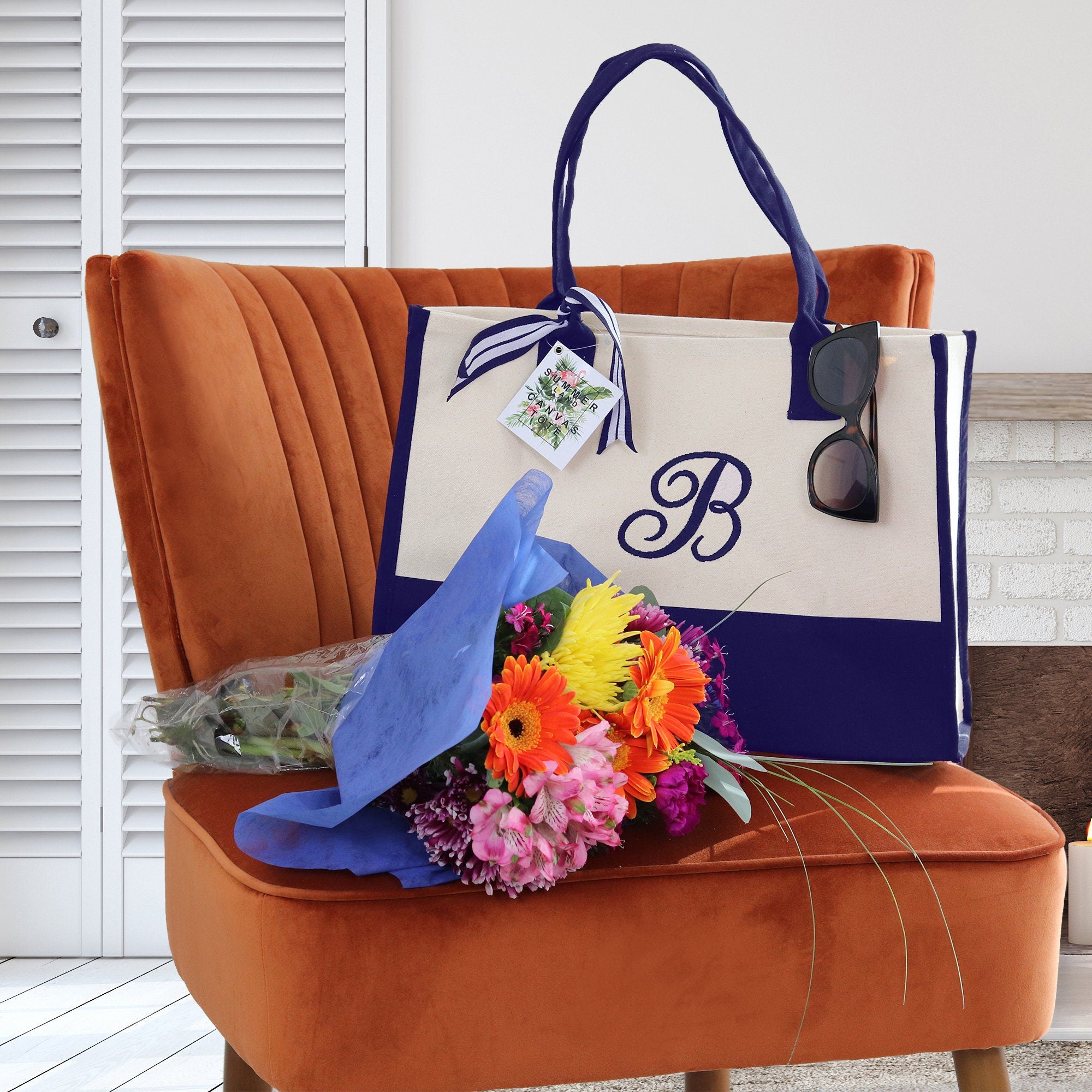 Tote bag aesthetic Embroidery Initial Monogram Large Tote Bag , 100% Cotton Canvas, Bridesmaid Bachelorette Gift Navy