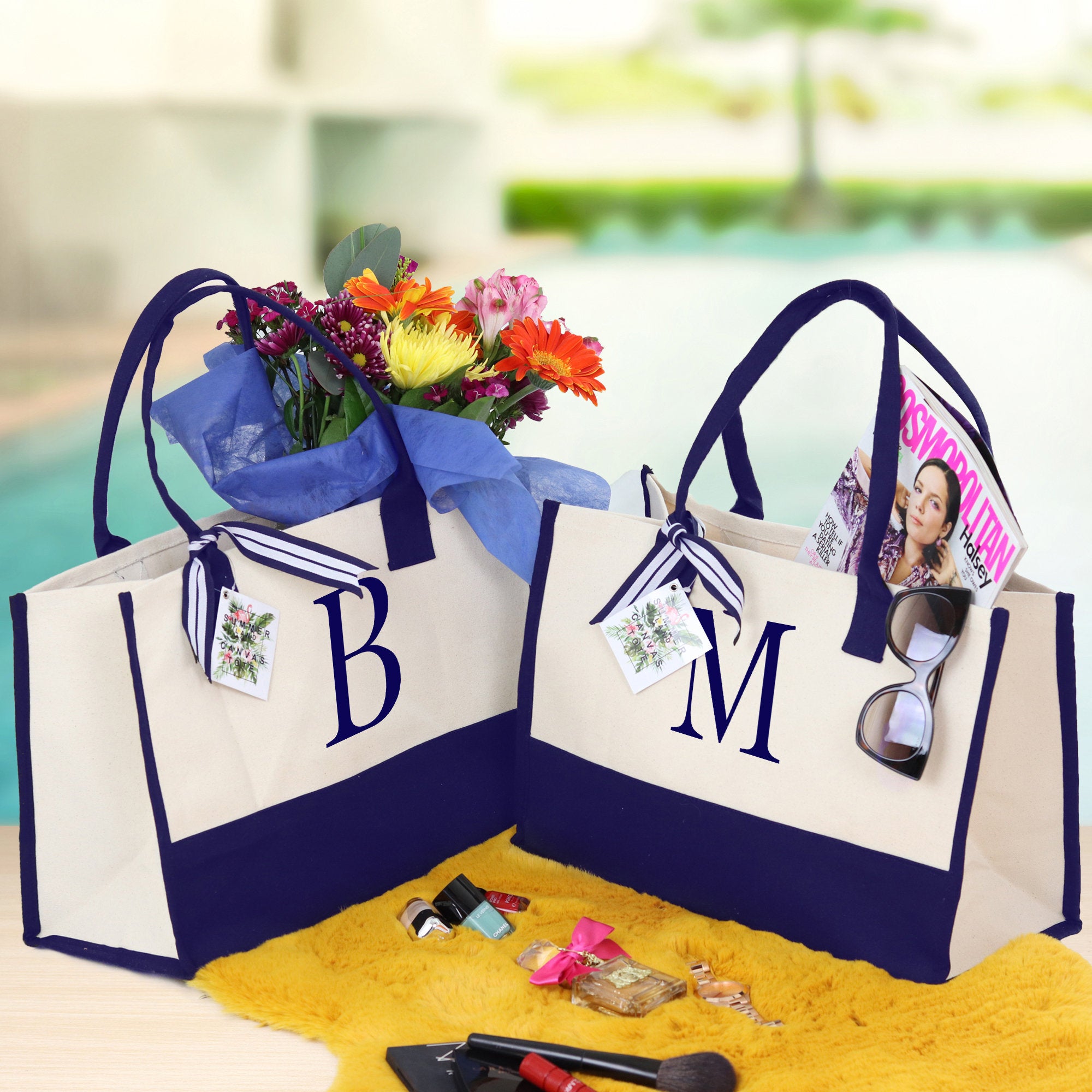 Graduation gift Tote Bags for Women Personalize, Embroidery Initial Monogram Large Bag for Mom, 100% Cotton Canvas, Bridesmaid  Gift Navy