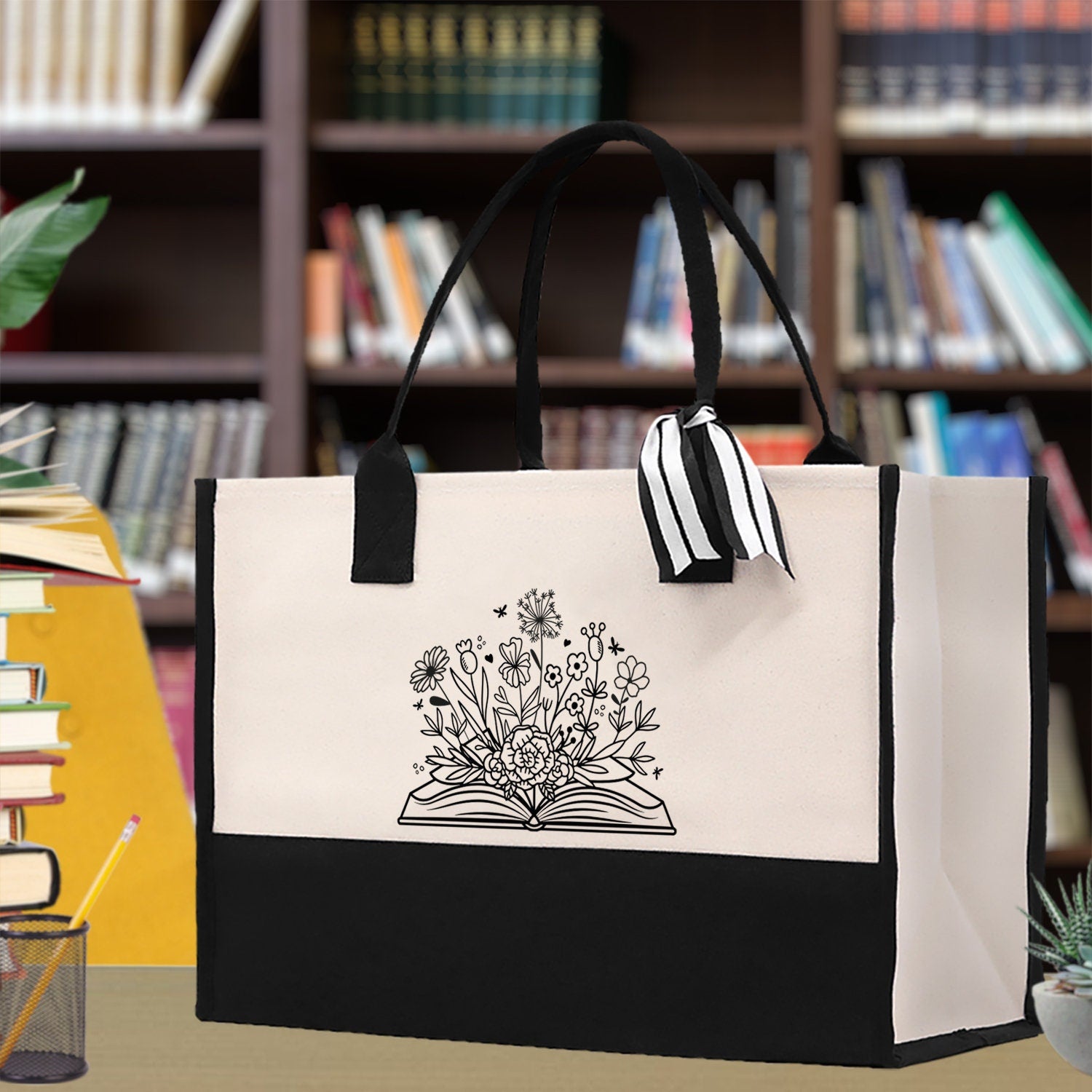 Floral Book Tote Bag Graduation Gift Library Tote School Bag Book worm Bookish Tote Wildflower Book Lover Gift Reader Bloom Canvas Tote