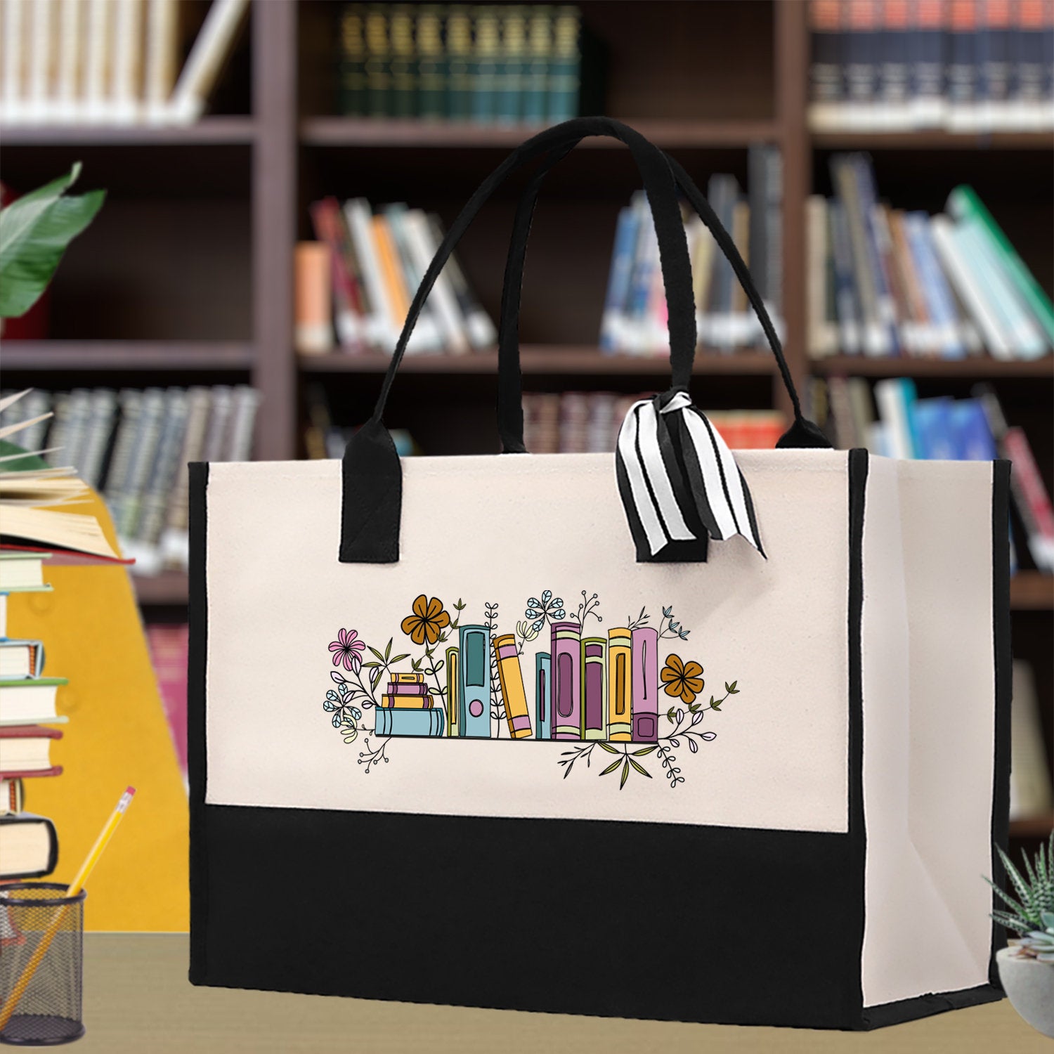 Floral Book Tote Bag Graduation Gift Library Tote School Bag Book worm Bookish Tote Wildflower Book Lover Gift Reader Bloom Canvas Tote