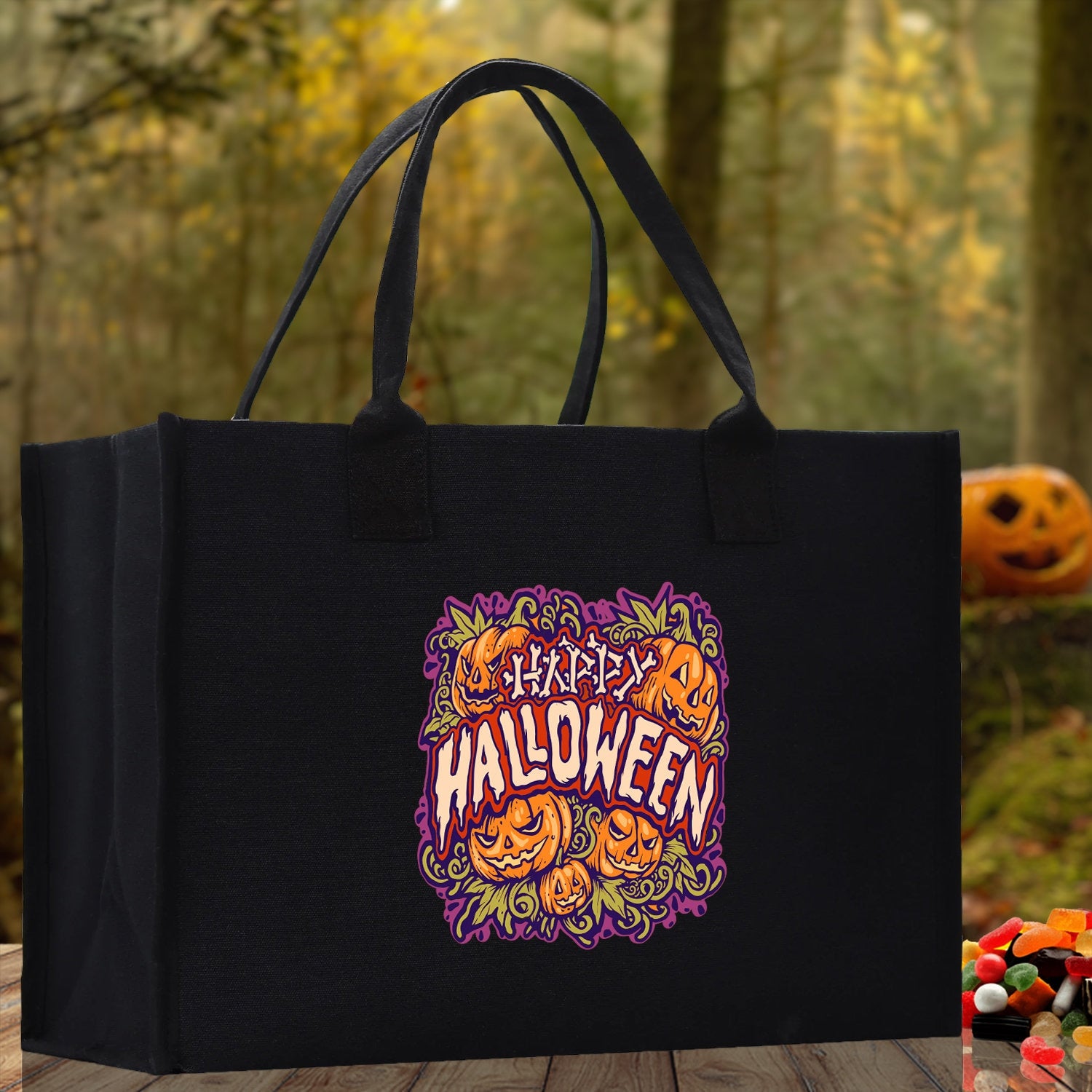 Halloween Trick or Treat Tote Bag Halloween Tote Bag for Kids Halloween Gift Halloween Candy Bag Halloween Doodles Cute Canvas Tote Bag