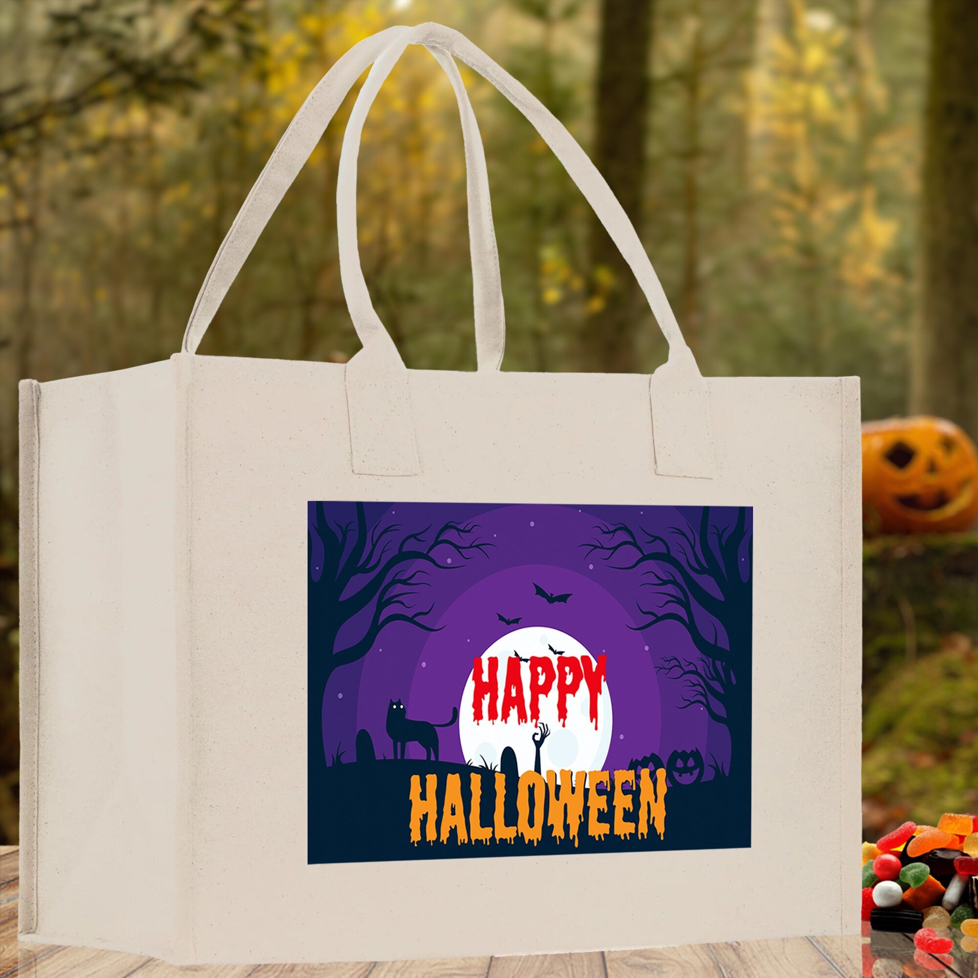 Halloween Trick or Treat Tote Bag Halloween Tote Bag for Kids Halloween Gift Halloween Candy Bag Halloween Doodles Cute Canvas Tote Bag