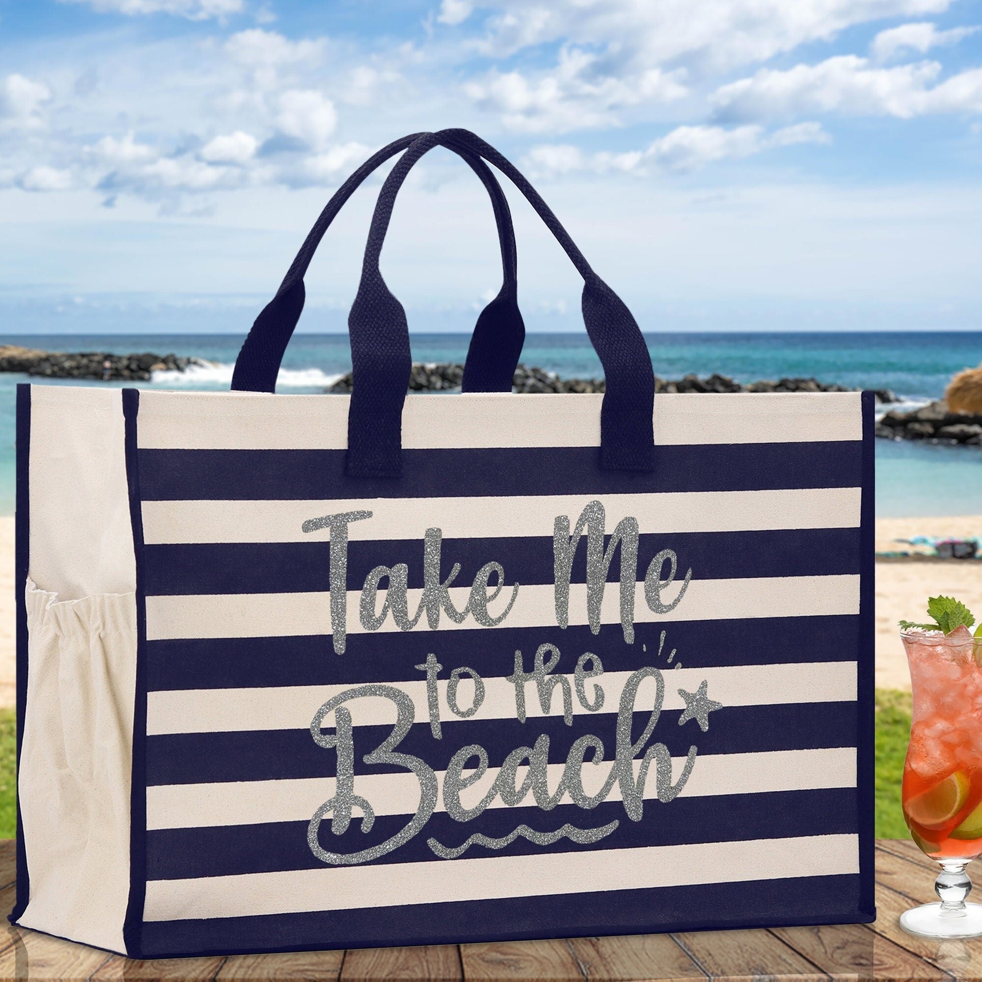 Take Me To The Beach Cabana Tote Bag XL - Oversized Chic Tote Bag with Zipper and Inner Pocket - Beach Bag for Women - Weekender Beach Tote