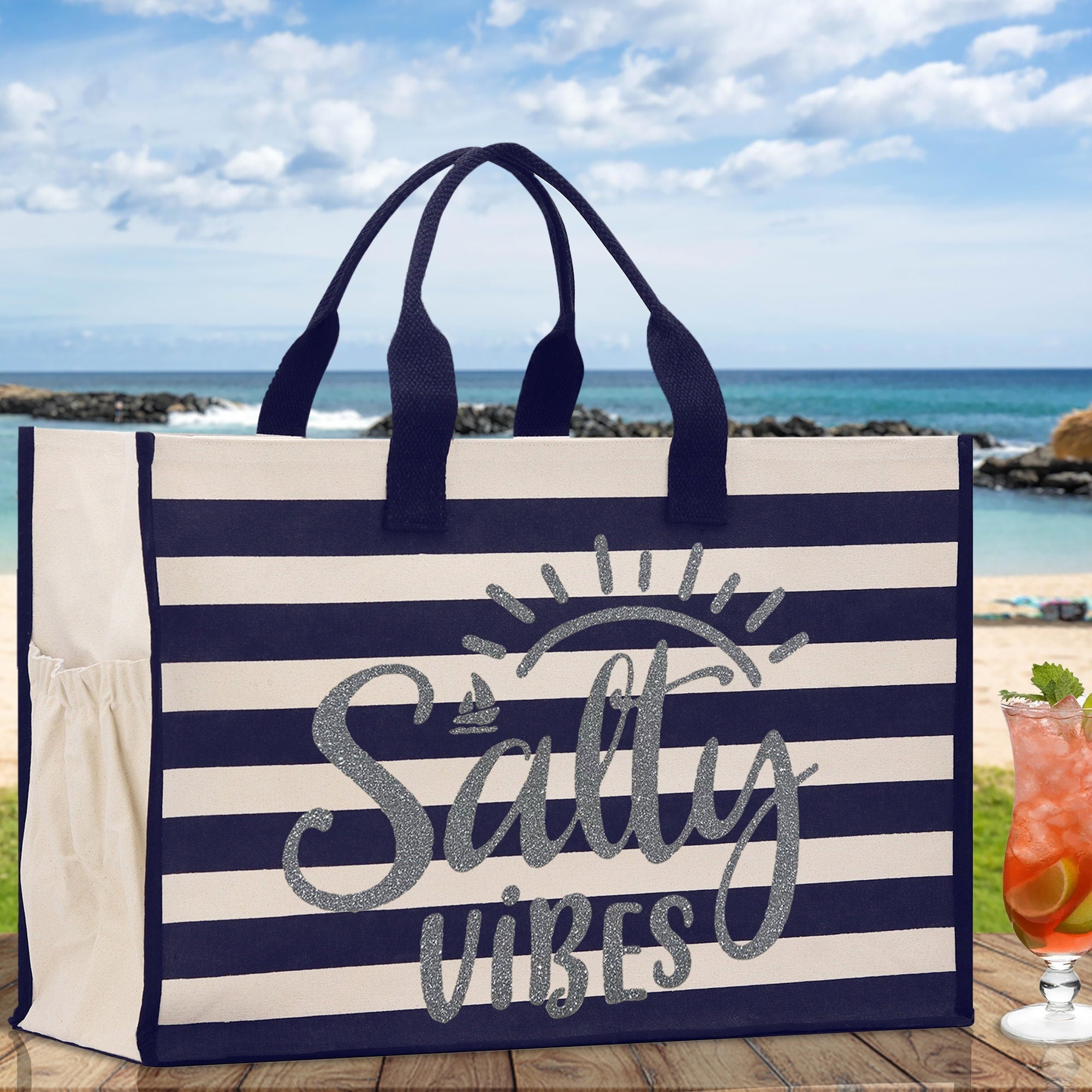Salty Vibes Cabana Tote Bag XL - Oversized Chic Tote Bag with Zipper and Inner Pocket - Beach Bag for Women - Weekender Beach Tote