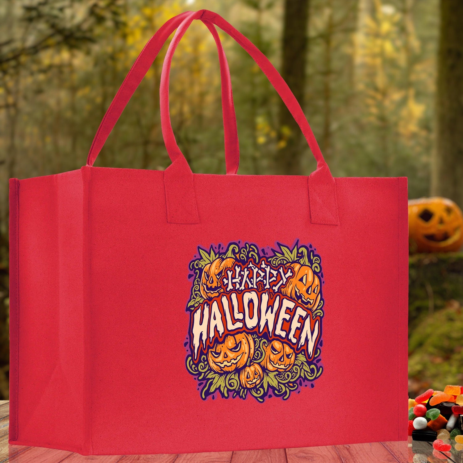 Halloween Trick or Treat Tote Bag Halloween Tote Bag for Kids Halloween Gift Halloween Candy Bag Halloween Doodles Cute Canvas Tote Bag