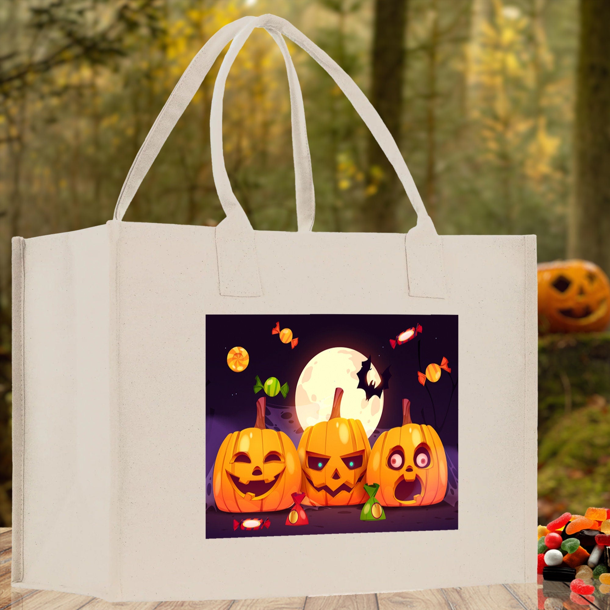 Halloween Trick or Treat Tote Bag Halloween Tote Bag for Kids Halloween Gift Halloween Candy Bag Halloween Doodles Cute Canvas Tote Bag