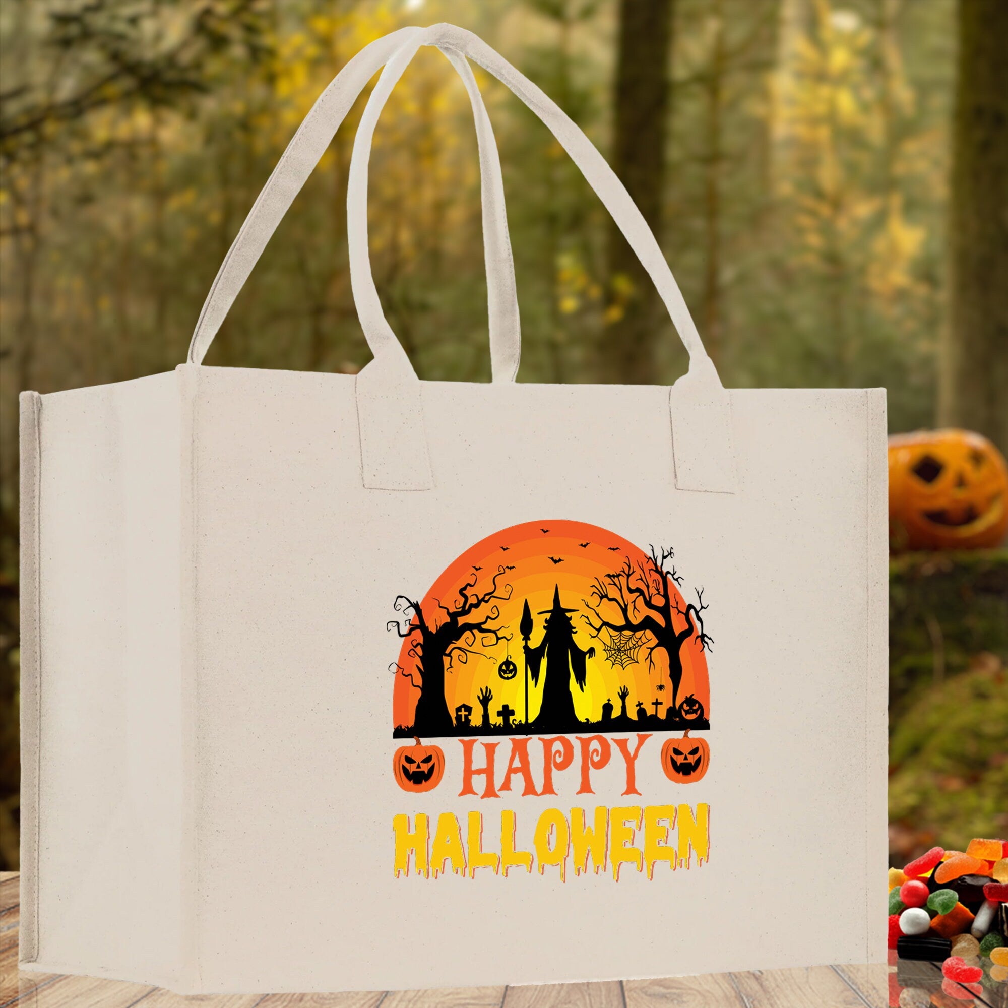 Halloween Trick or Treat Tote Bag Halloween Tote Bag for Kids Halloween Gift Halloween Candy Bag Halloween Doodles Cute Canvas Tote Bag