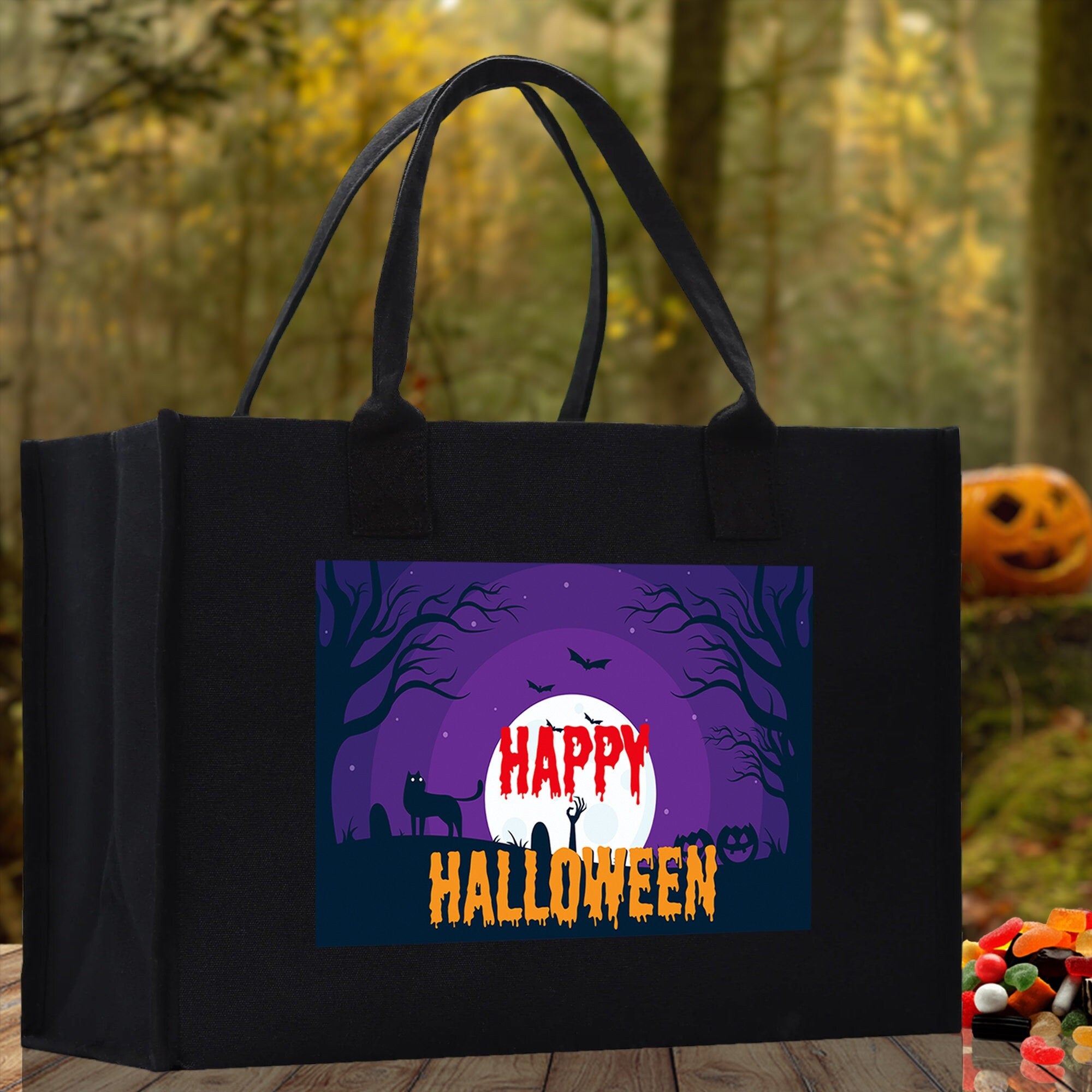 Halloween Trick or Treat Tote Bag Halloween Tote Bag for Kids Halloween Gift Halloween Candy Bag Halloween Doodles Cute Canvas Tote Bag