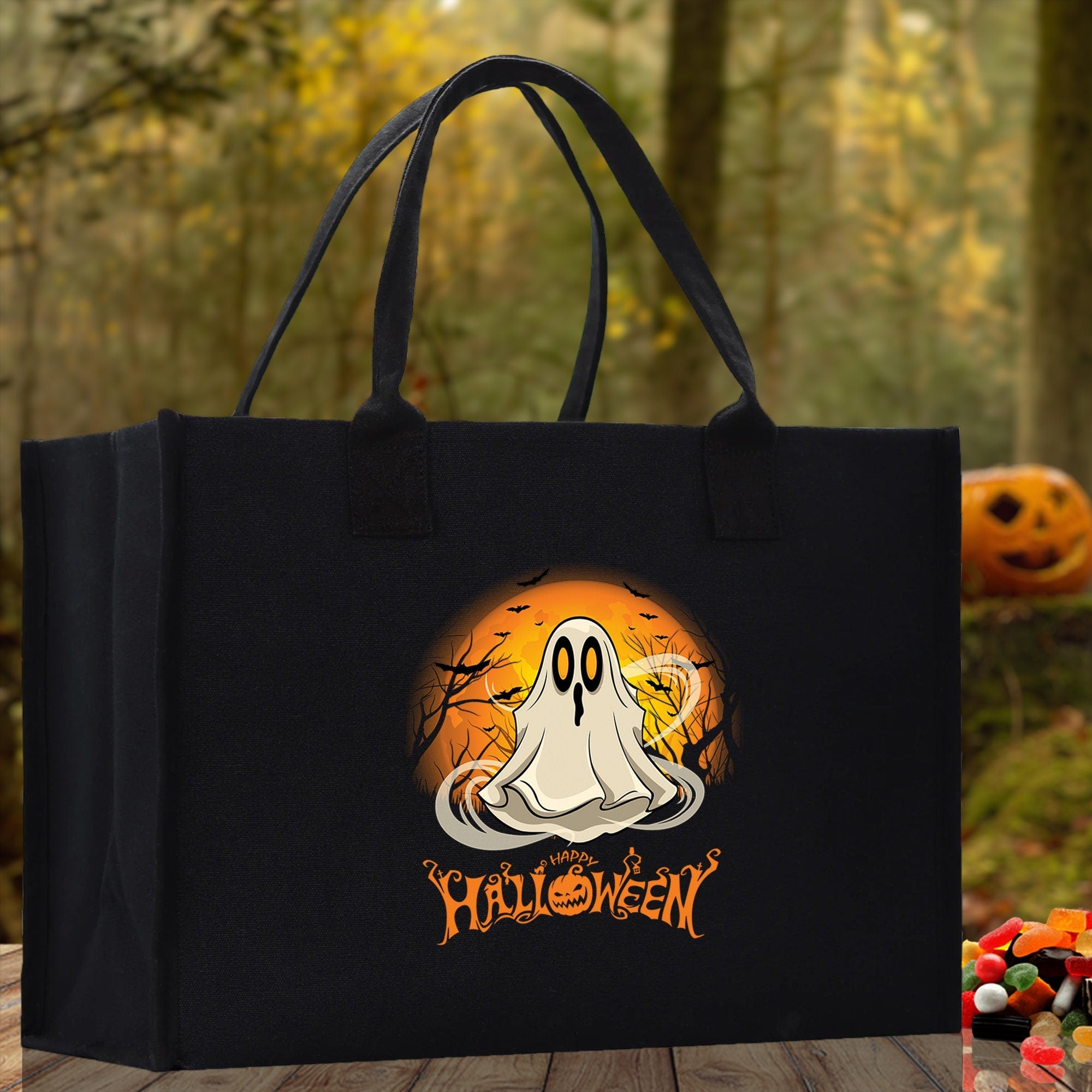 Halloween Trick or Treat Tote Bag Halloween Tote Bag for Kids Halloween Gift Halloween Candy Bag Halloween Doodles Cute Canvas Tote Bag