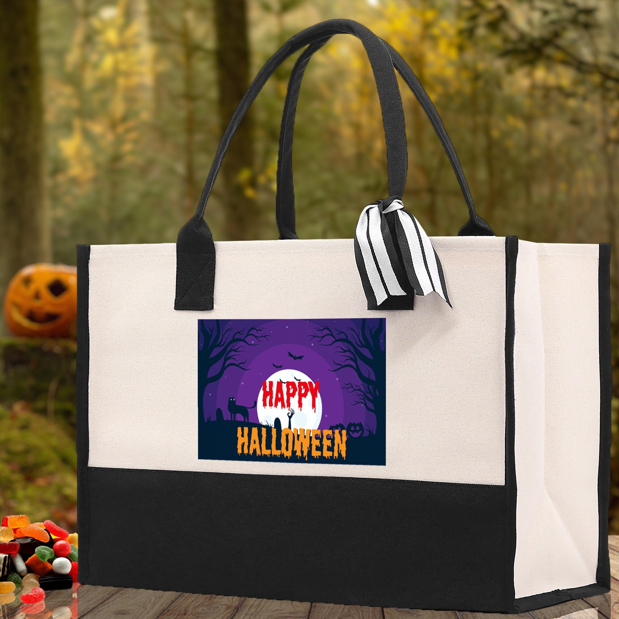 Halloween Trick or Treat Tote Bag Halloween Tote Bag for Kids Halloween Gift Halloween Candy Bag Halloween Doodles Cute Canvas Tote Bag