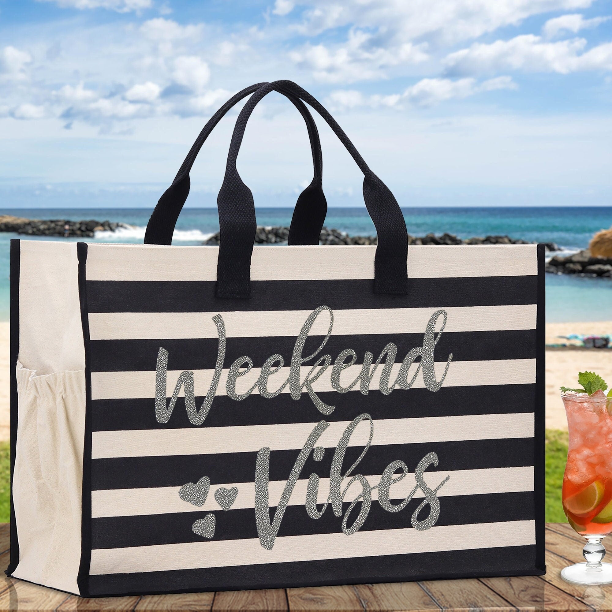 Weekend Vibes Cabana Tote Bag XL - Oversized Chic Tote Bag with Zipper and Inner Pocket - Beach Bag for Women - Weekender Beach Tote