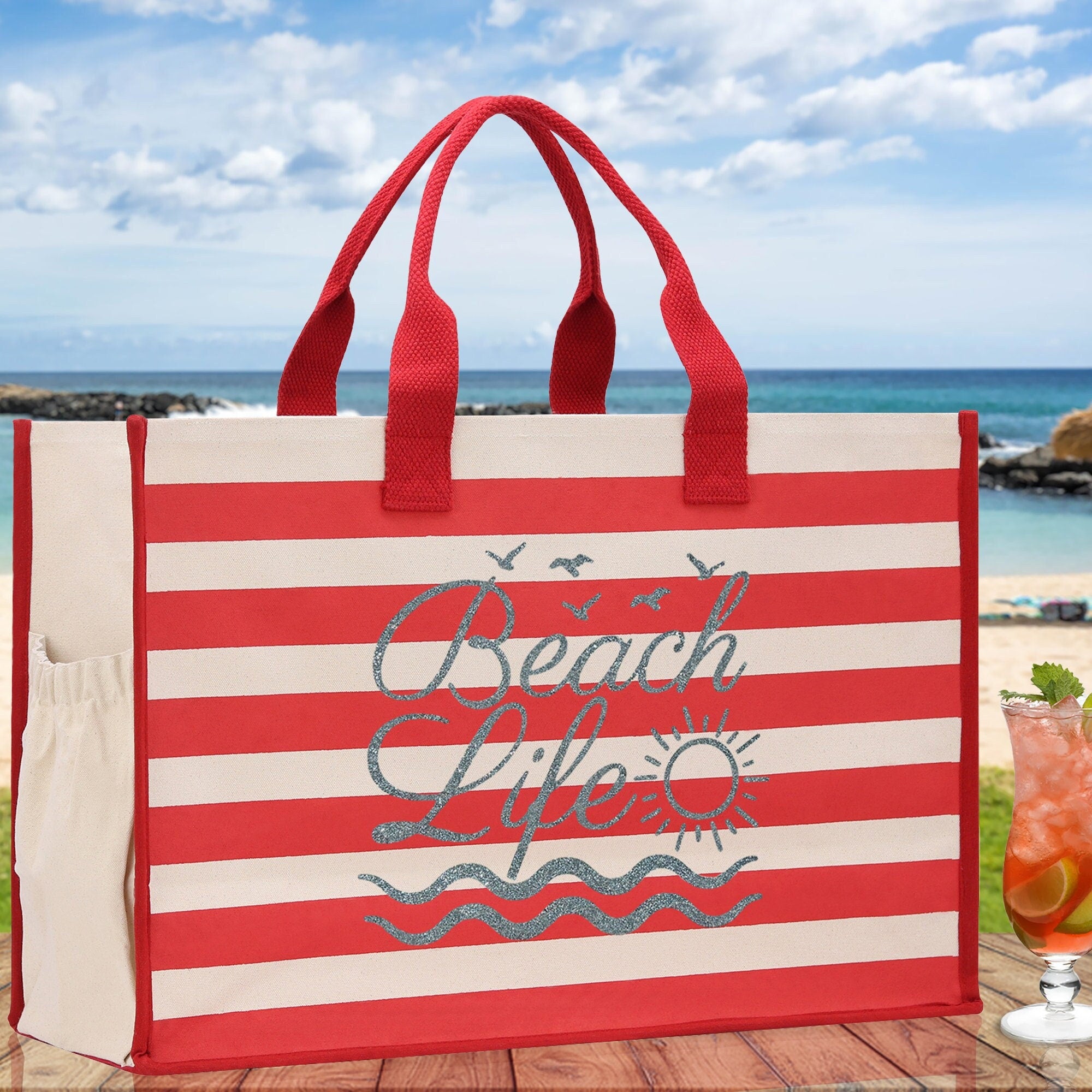 Beach Life Cabana Tote Bag XL - Oversized Chic Tote Bag with Zipper and Inner Pocket - Beach Bag for Women - Weekender Beach Tote