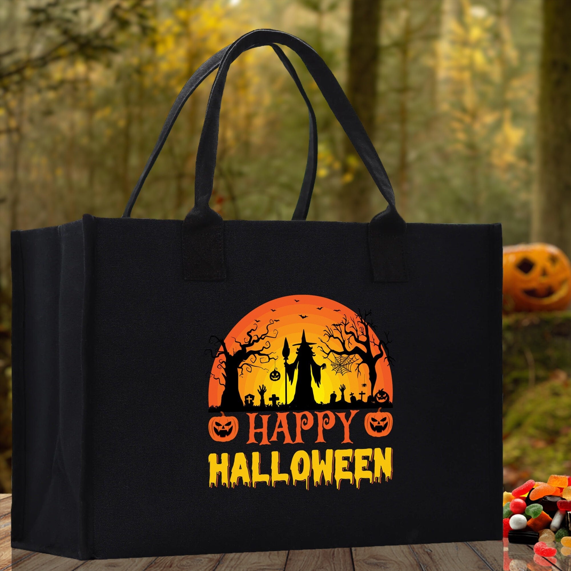 Halloween Trick or Treat Tote Bag Halloween Tote Bag for Kids Halloween Gift Halloween Candy Bag Halloween Doodles Cute Canvas Tote Bag