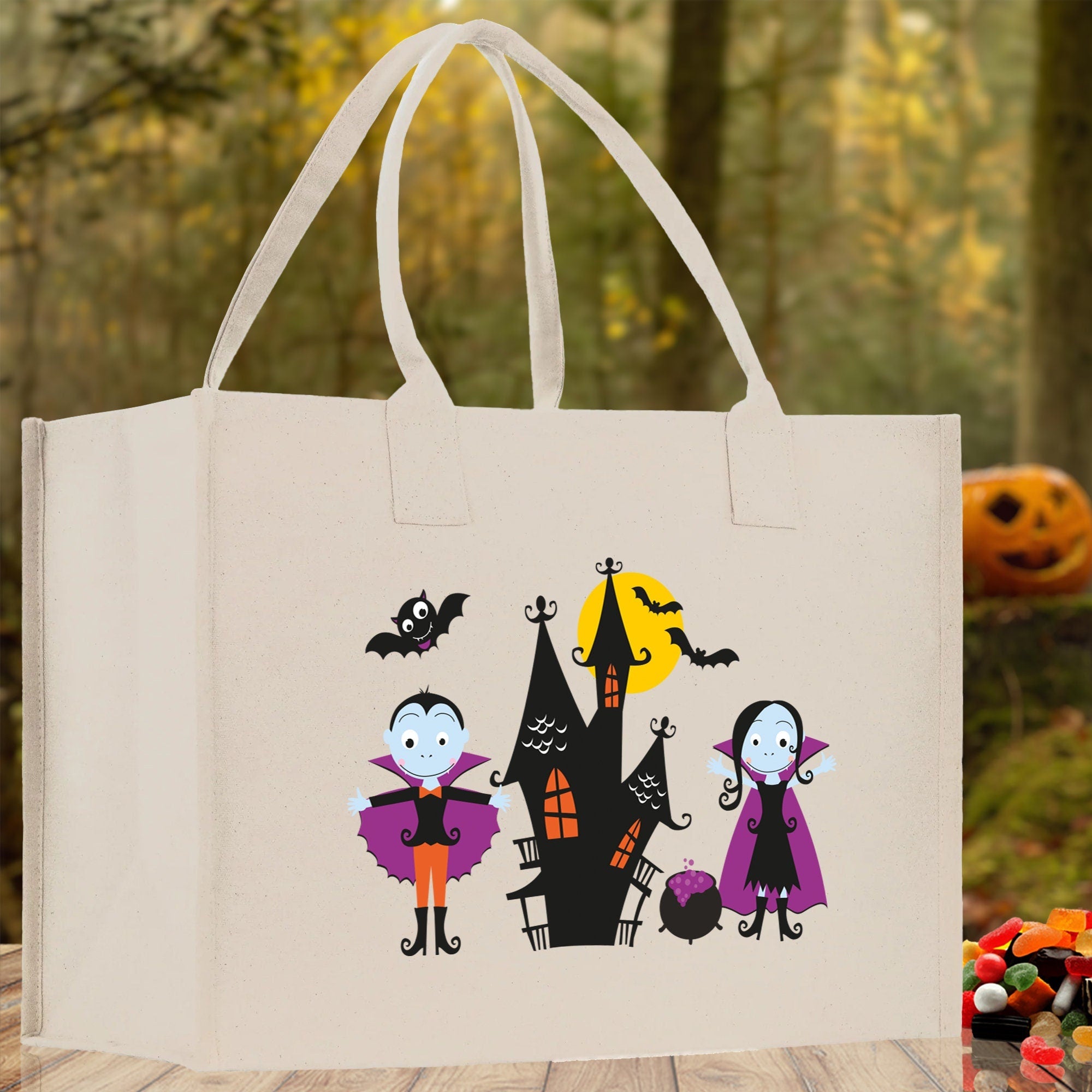 Halloween Trick or Treat Tote Bag Halloween Tote Bag for Kids Halloween Gift Halloween Candy Bag Halloween Doodles Cute Canvas Tote Bag