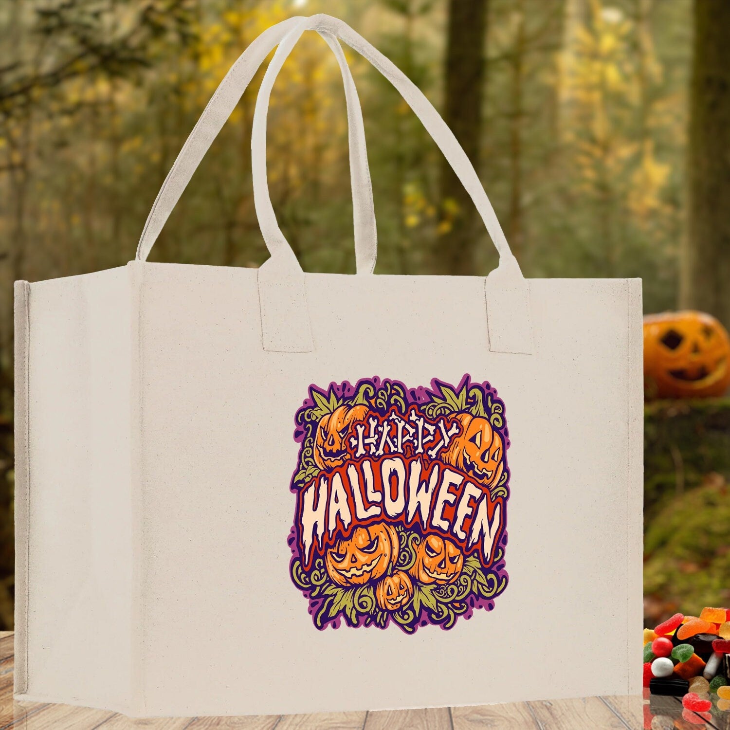 Halloween Trick or Treat Tote Bag Halloween Tote Bag for Kids Halloween Gift Halloween Candy Bag Halloween Doodles Cute Canvas Tote Bag