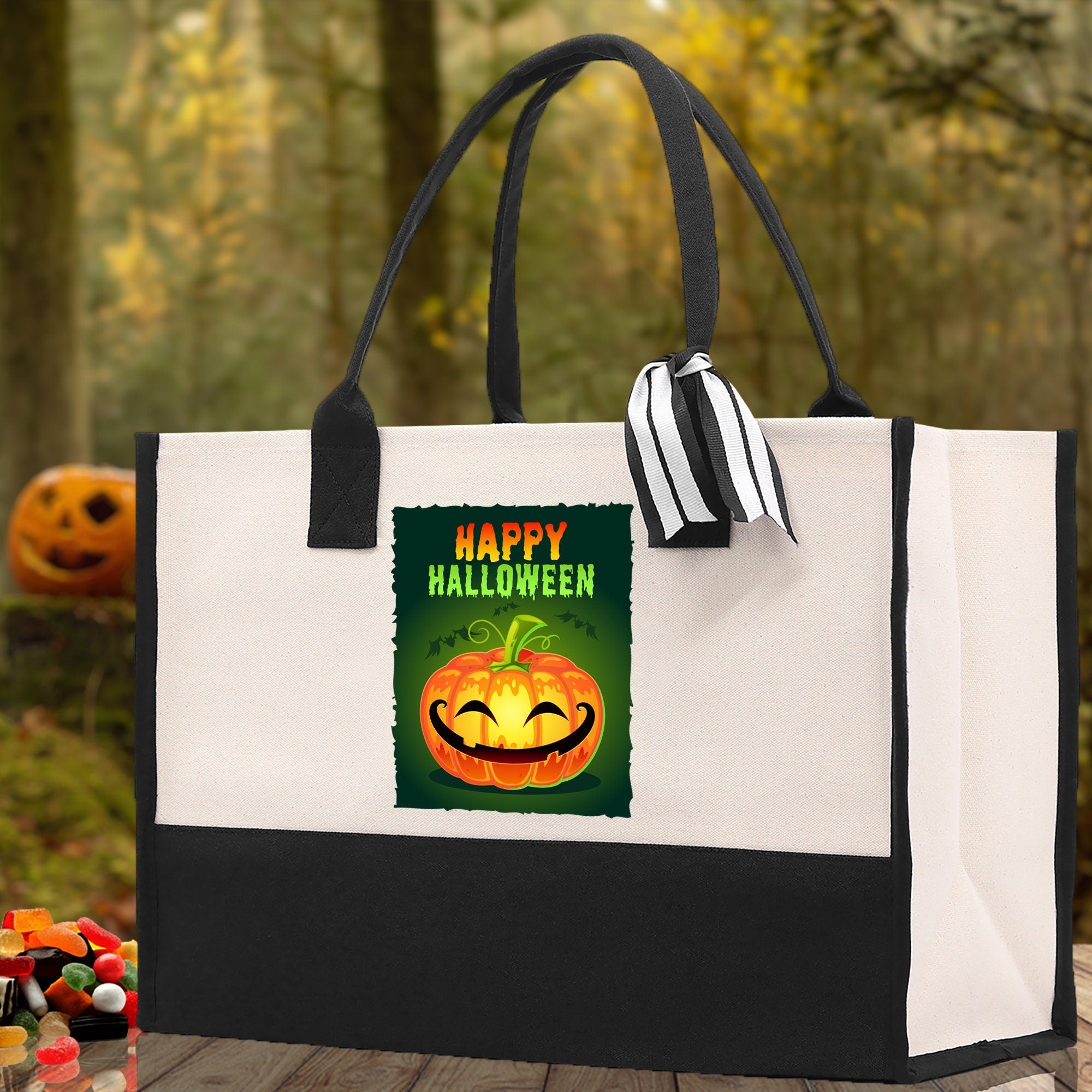 Halloween Trick or Treat Tote Bag Halloween Tote Bag for Kids Halloween Gift Halloween Candy Bag Halloween Doodles Cute Canvas Tote Bag